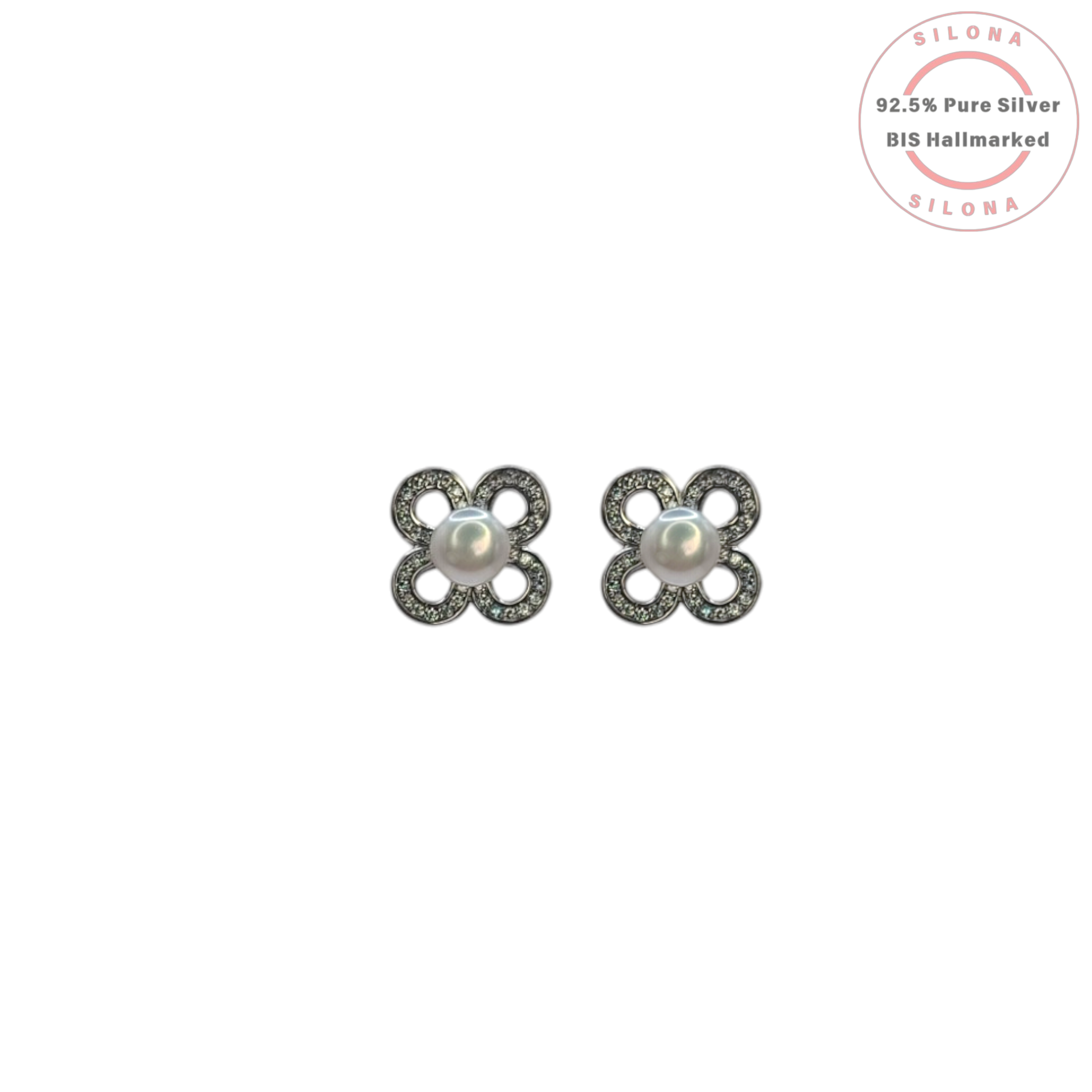 Pair of Silona classic clover stud earrings in 92.5 silver, featuring a central pearl surrounded by pavé set cubic zirconia, on a white background.