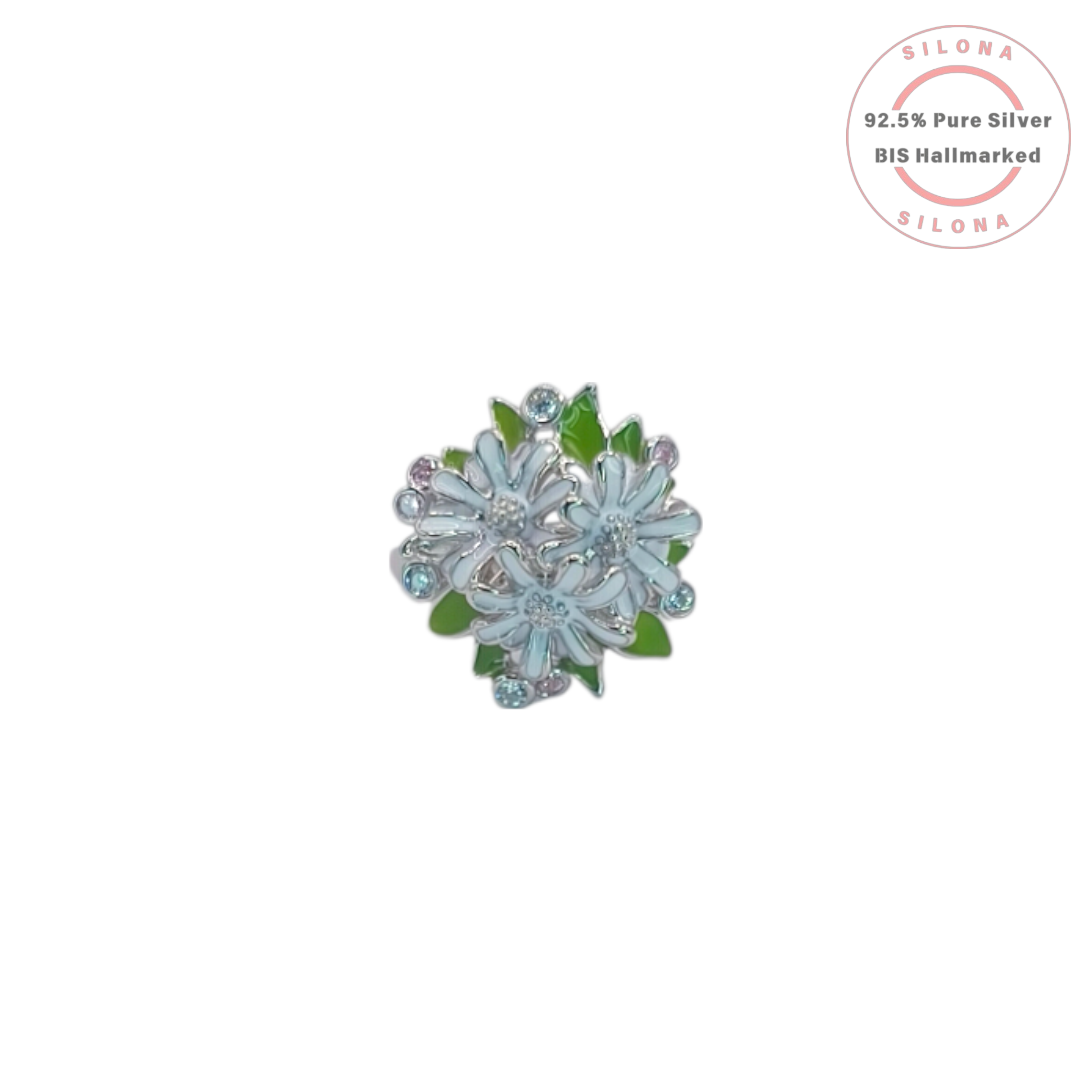 Silona Enchanted Daisy Bouquet Ring, featuring white enamel flowers, green leaves, and pastel cubic zirconia stones, crafted in 92.5 sterling silver.