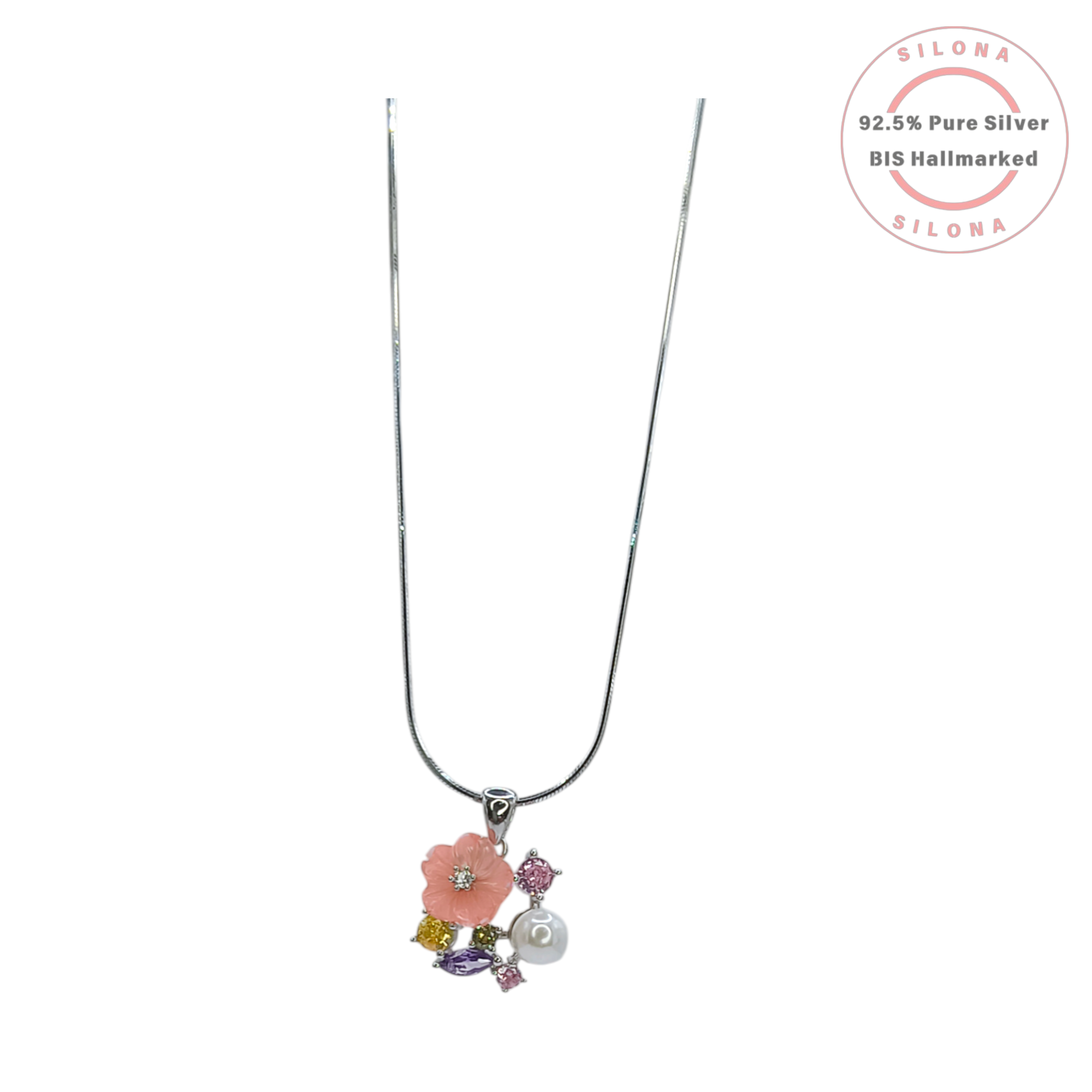 Silona's Pastel Bloom Necklace Set in 92.5 silver, featuring a carved pink flower pendant with a pearl and multi-colored stones on a silver snake chain.