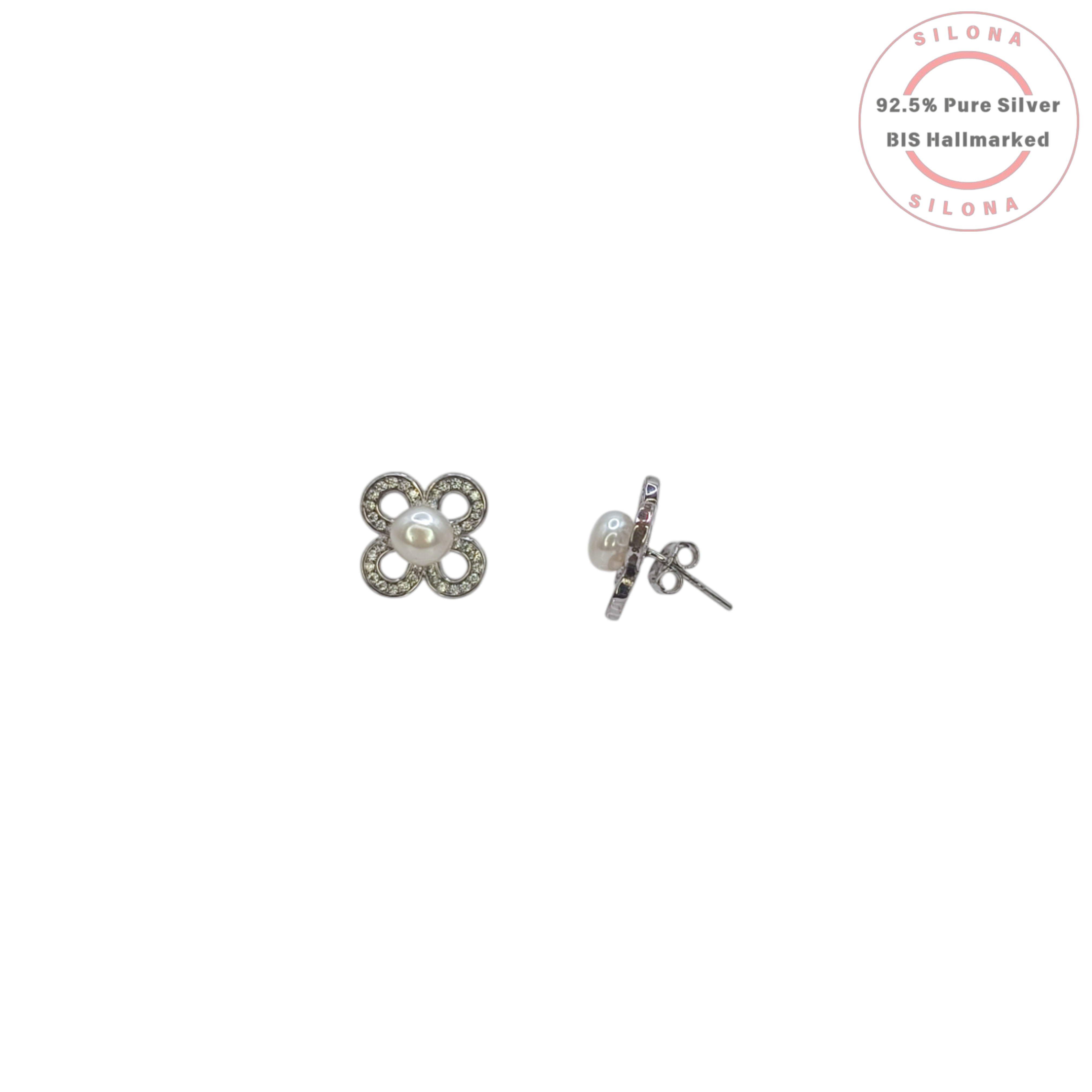 Pair of Silona classic clover stud earrings in 92.5 silver, featuring a central pearl surrounded by pavé set cubic zirconia, on a white background.
