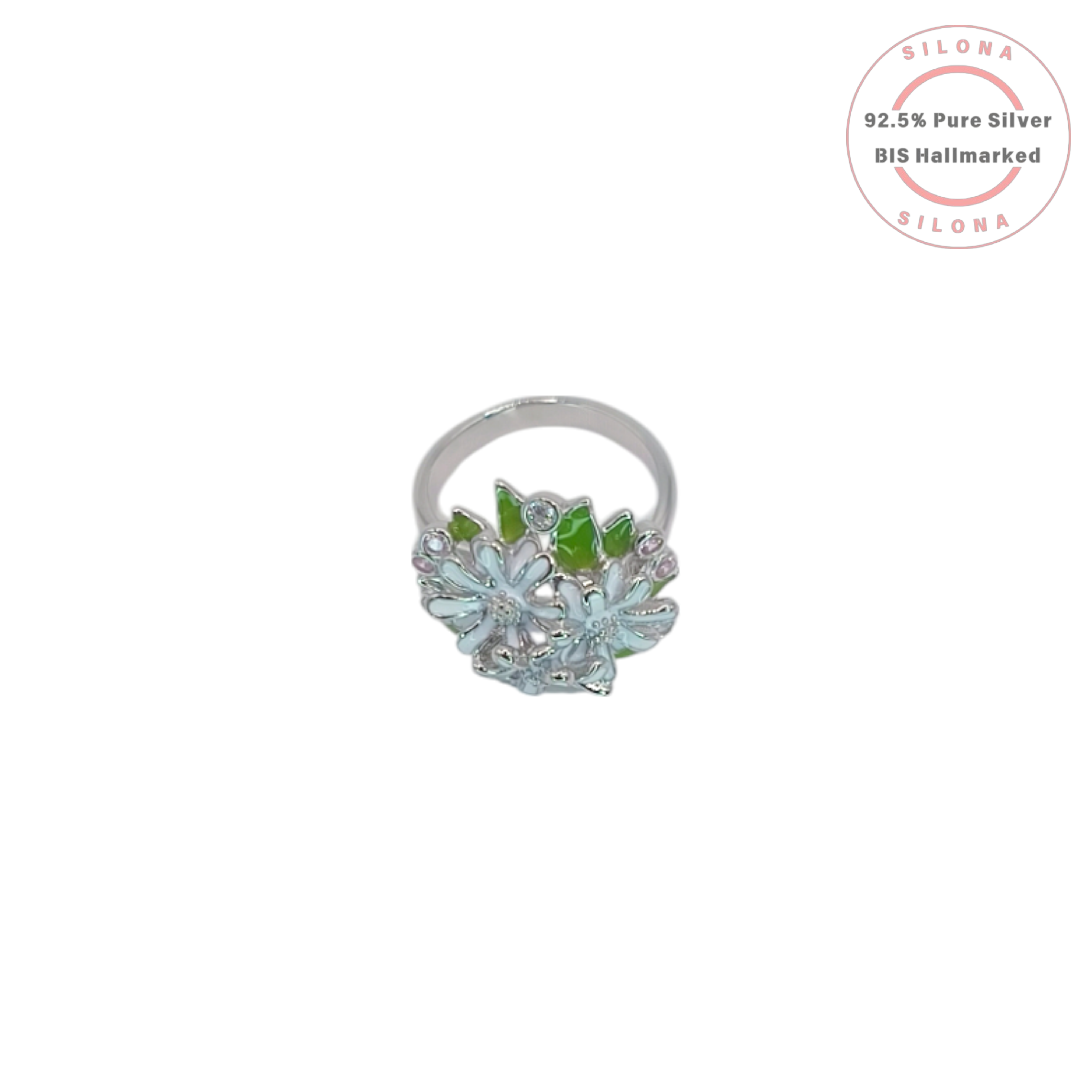 Silona Enchanted Daisy Bouquet Ring, featuring white enamel flowers, green leaves, and pastel cubic zirconia stones, crafted in 92.5 sterling silver.