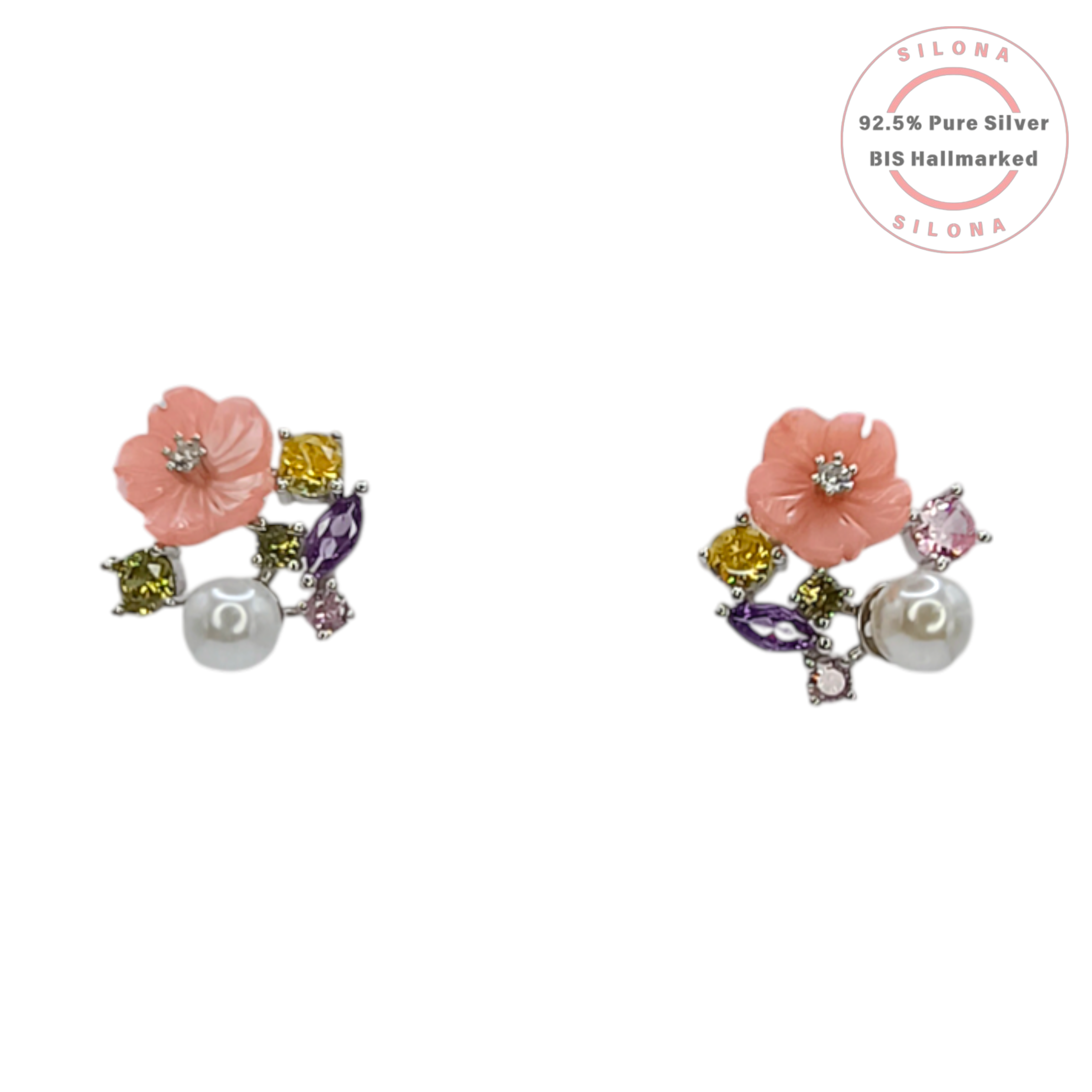 Silona's Pastel Bloom Necklace Set in 92.5 silver, featuring a carved pink flower pendant with a pearl and multi-colored stones on a silver snake chain.