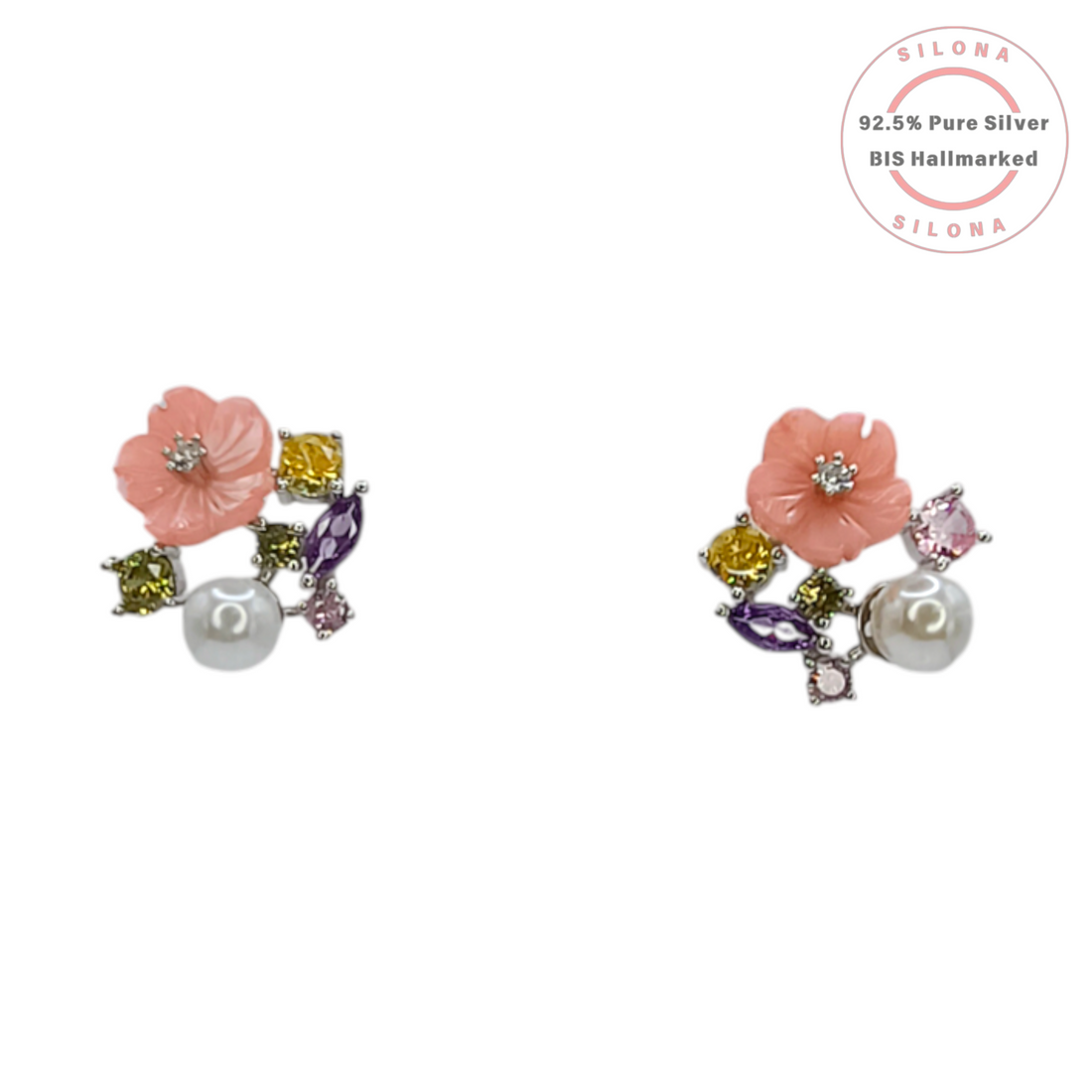 Silona's Pastel Bloom Necklace Set in 92.5 silver, featuring a carved pink flower pendant with a pearl and multi-colored stones on a silver snake chain.