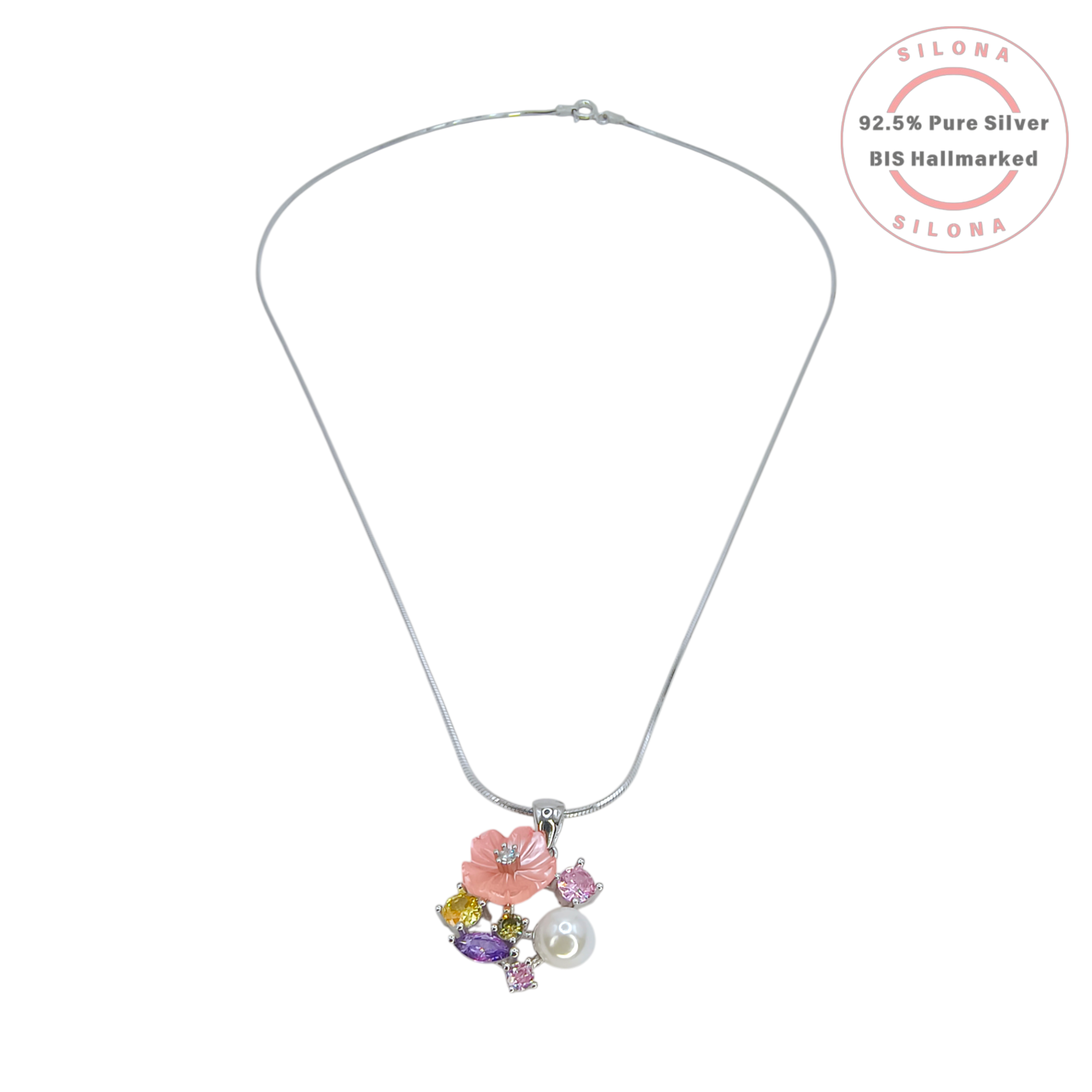 Silona's Pastel Bloom Necklace Set in 92.5 silver, featuring a carved pink flower pendant with a pearl and multi-colored stones on a silver snake chain.