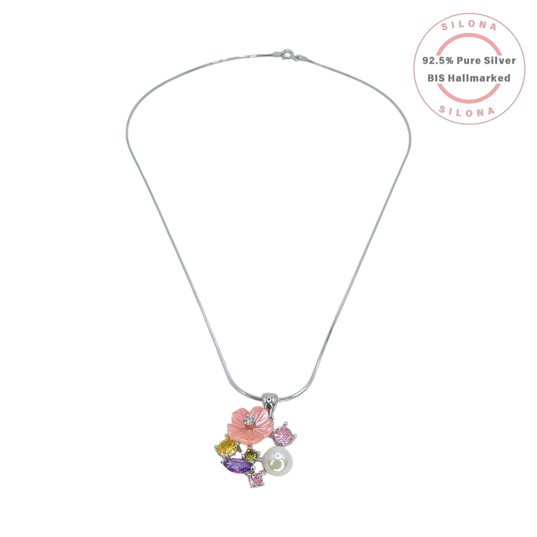 Silona's Pastel Bloom Necklace Set in 92.5 silver, featuring a carved pink flower pendant with a pearl and multi-colored stones on a silver snake chain.