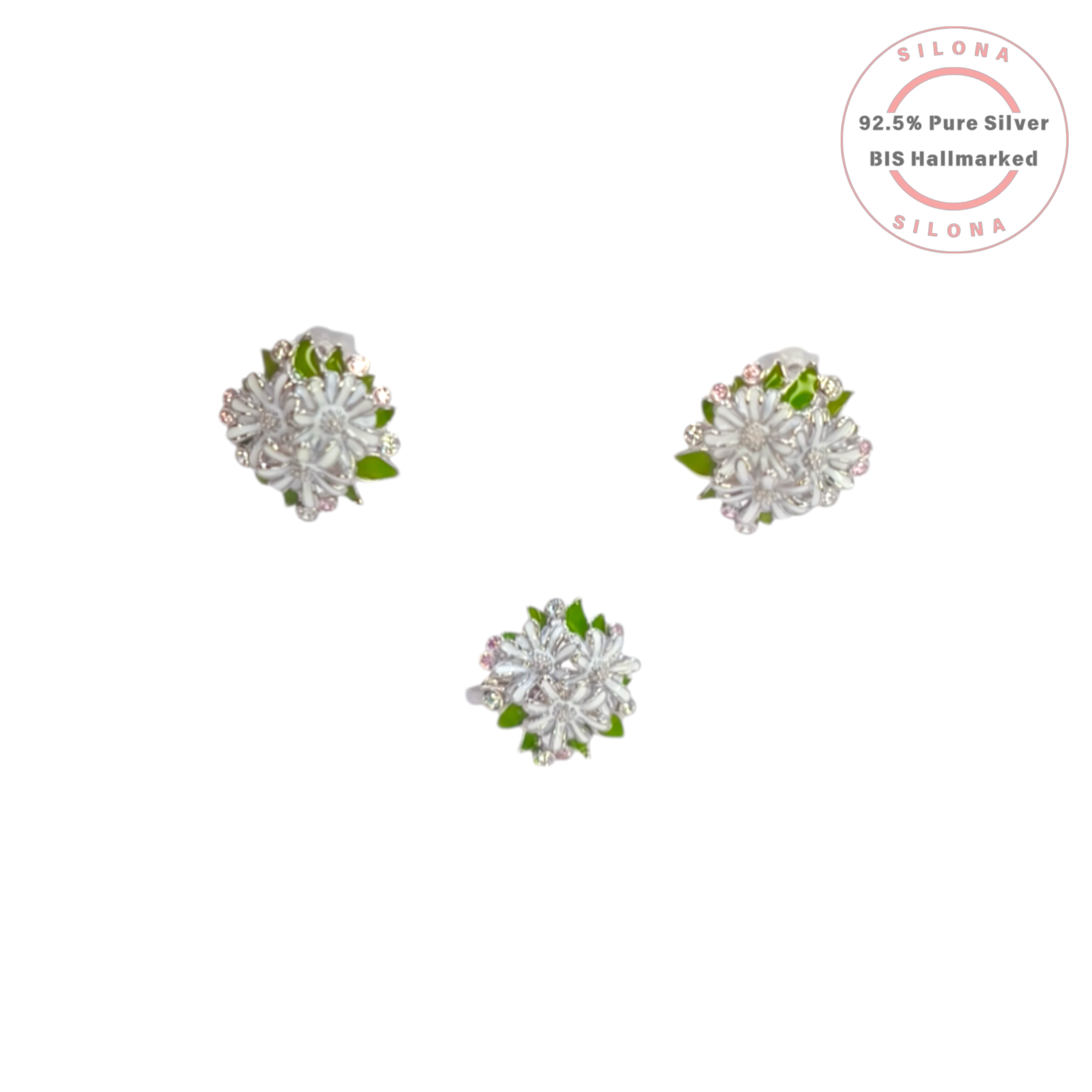 Silona Enchanted Daisy Bouquet Ring, featuring white enamel flowers, green leaves, and pastel cubic zirconia stones, crafted in 92.5 sterling silver.