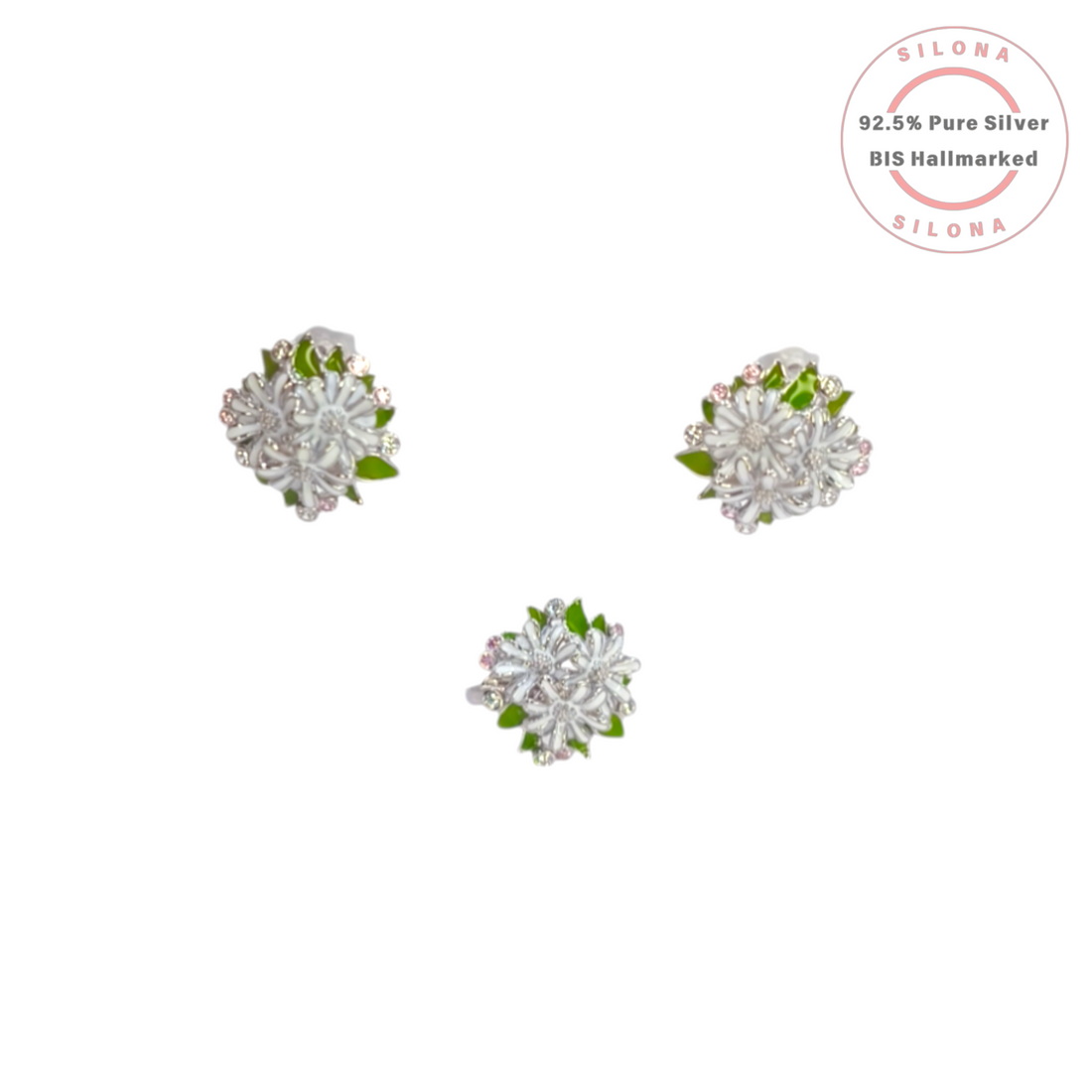 Silona Enchanted Daisy Bouquet Ring, featuring white enamel flowers, green leaves, and pastel cubic zirconia stones, crafted in 92.5 sterling silver.