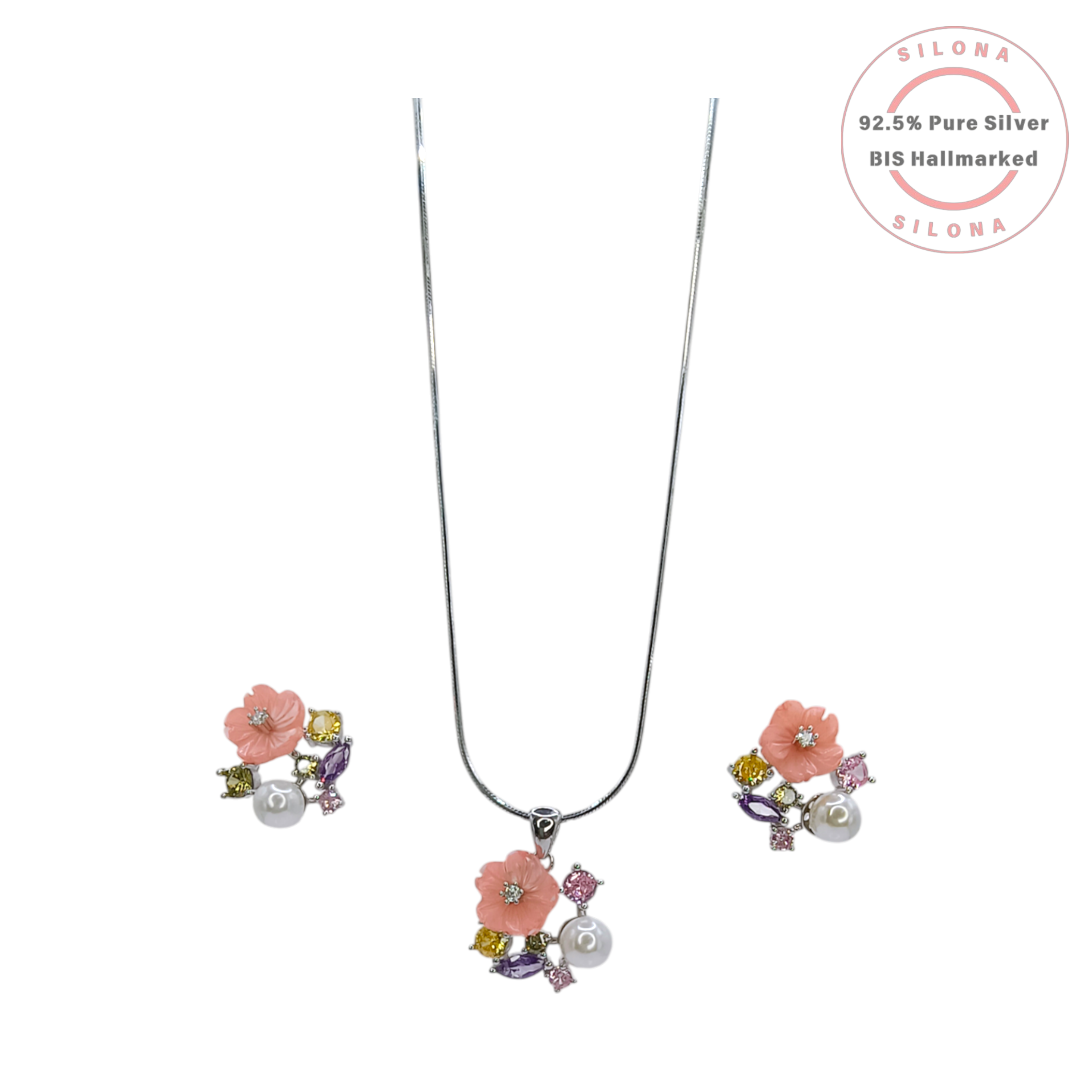 Silona's Pastel Bloom Necklace Set in 92.5 silver, featuring a carved pink flower pendant with a pearl and multi-colored stones on a silver snake chain.