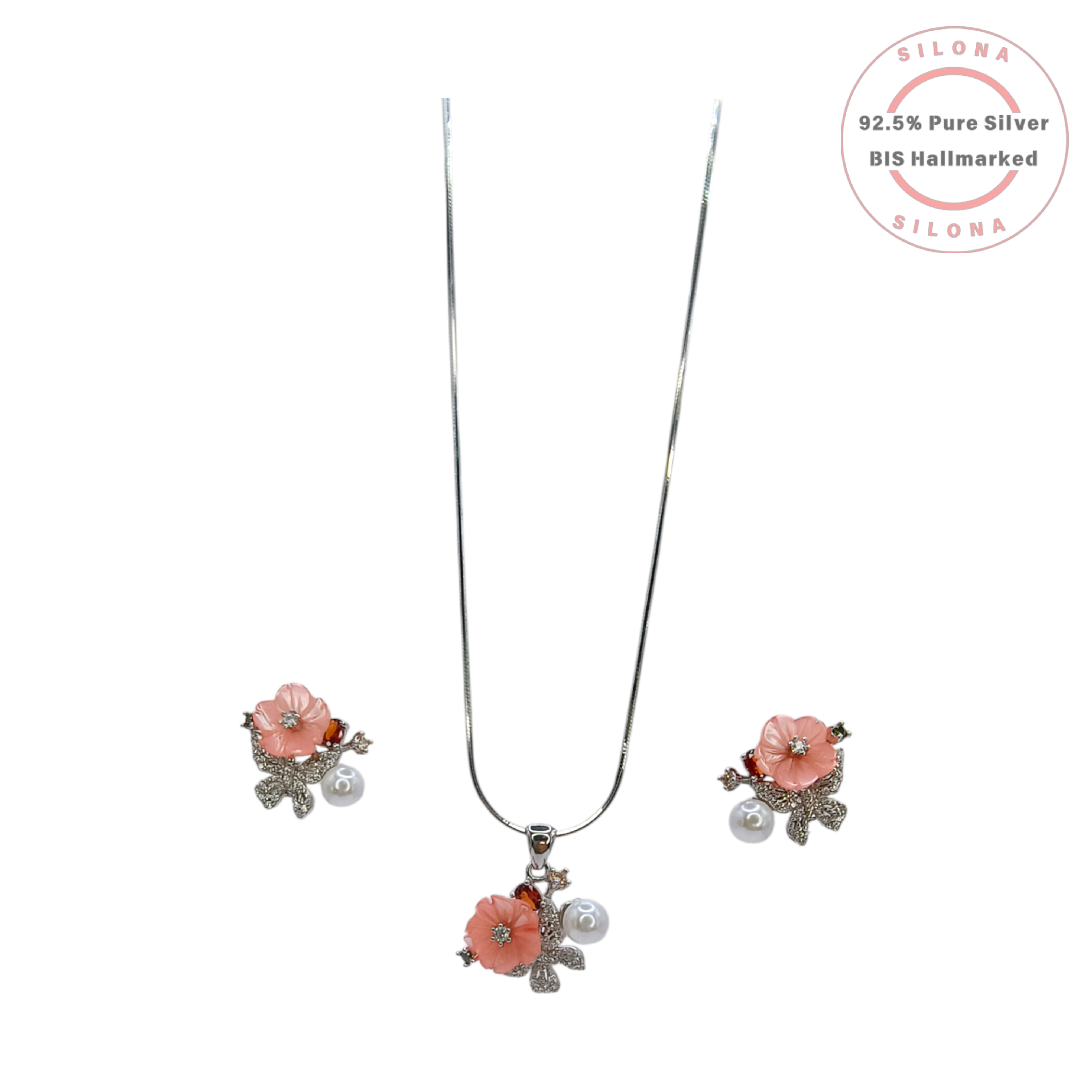 Silona Floral Necklace Set with coral-pink flower, pearl, and matching stud earrings in 92.5 sterling silver on a white background.
