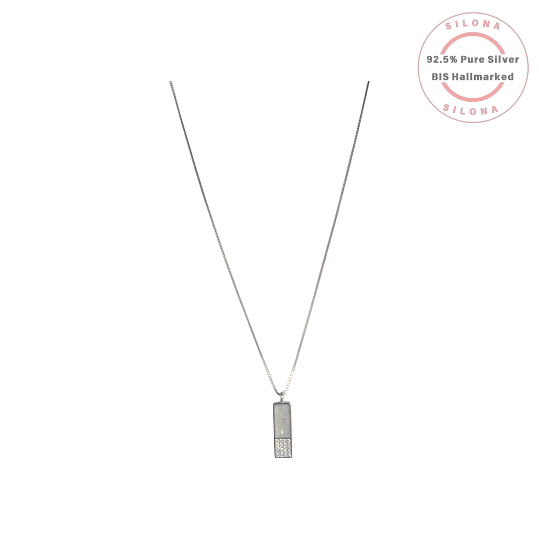 A modern rectangular bar pendant necklace in 92.5 silver, featuring a mother-of-pearl inlay and a lower section with pavé-set cubic zirconia, on a delicate box chain.