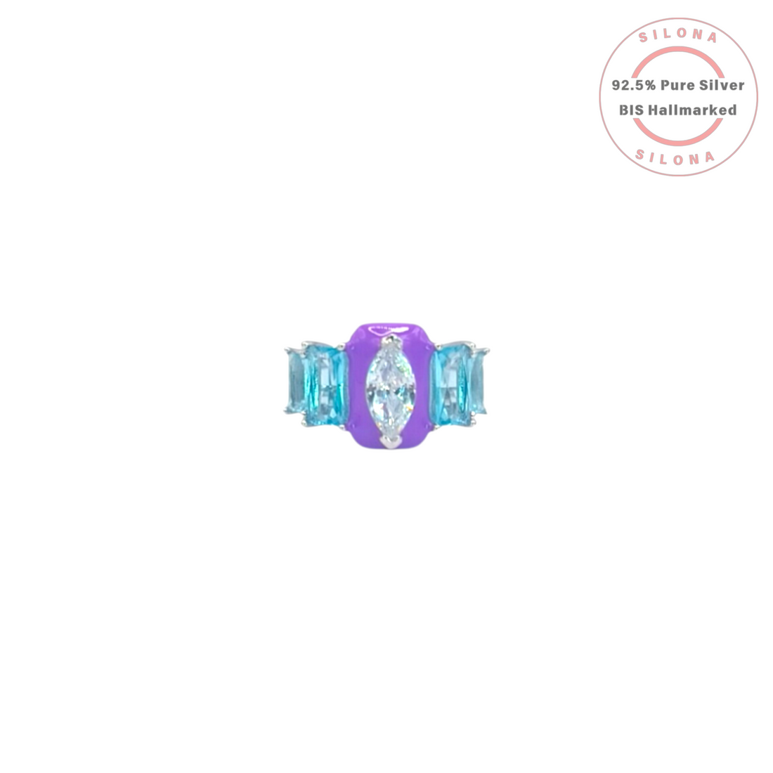 Silona's Vibrant Enamel & Multi-CZ Ring, featuring a purple enamel center with a marquise-cut CZ, flanked by blue baguette-cut stones on a 92.5 silver band.