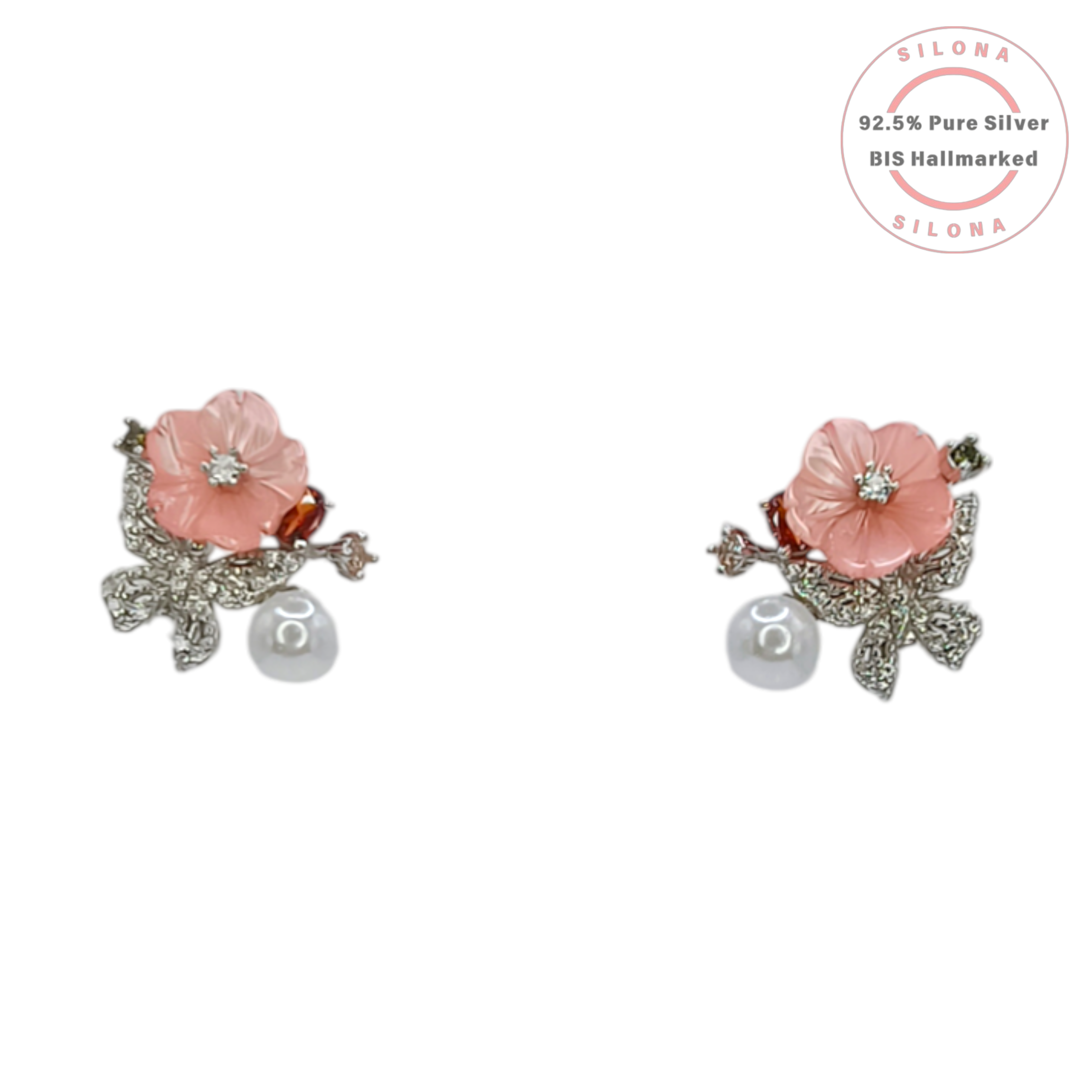 Silona Floral Necklace Set with coral-pink flower, pearl, and matching stud earrings in 92.5 sterling silver on a white background.