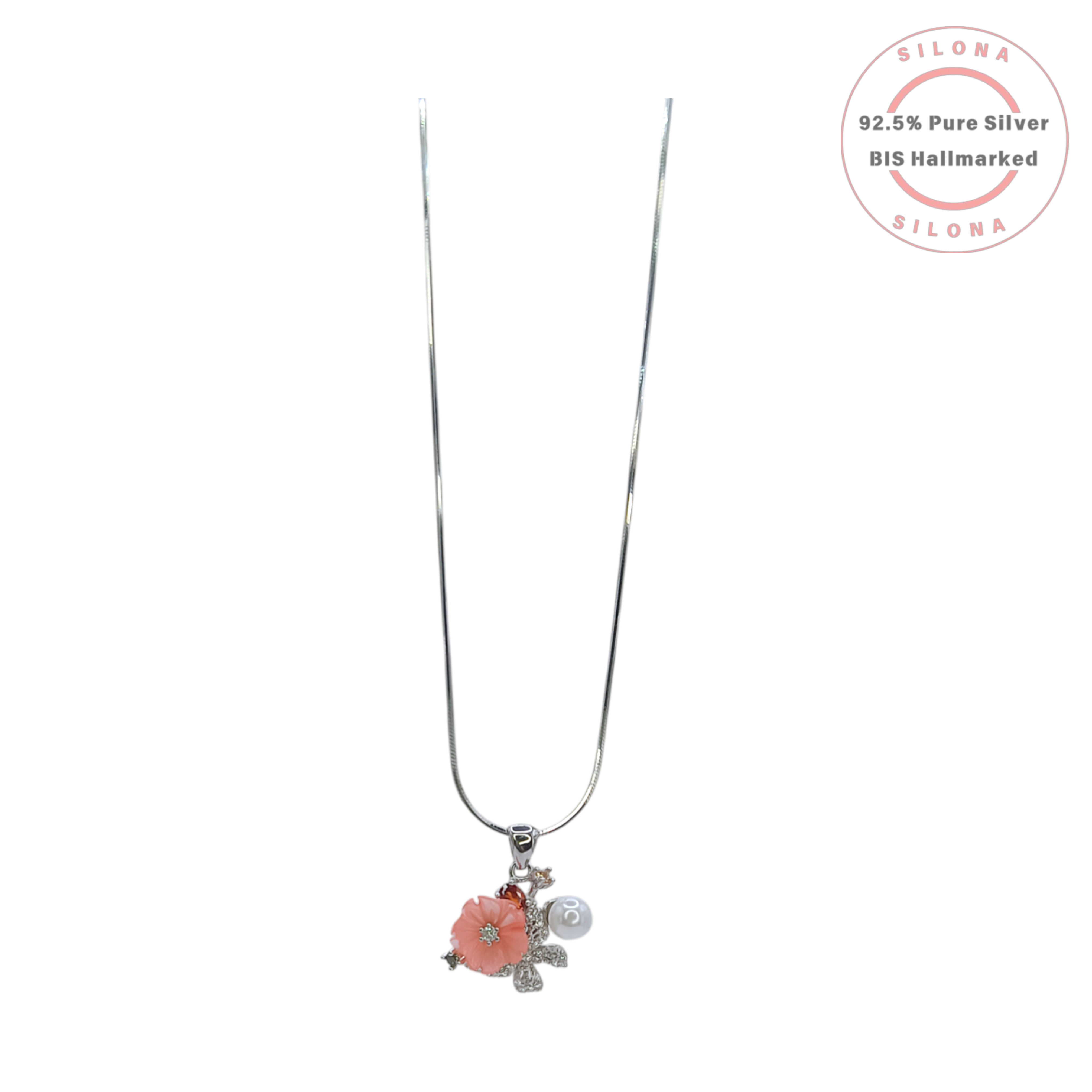 Silona Floral Necklace Set with coral-pink flower, pearl, and matching stud earrings in 92.5 sterling silver on a white background.