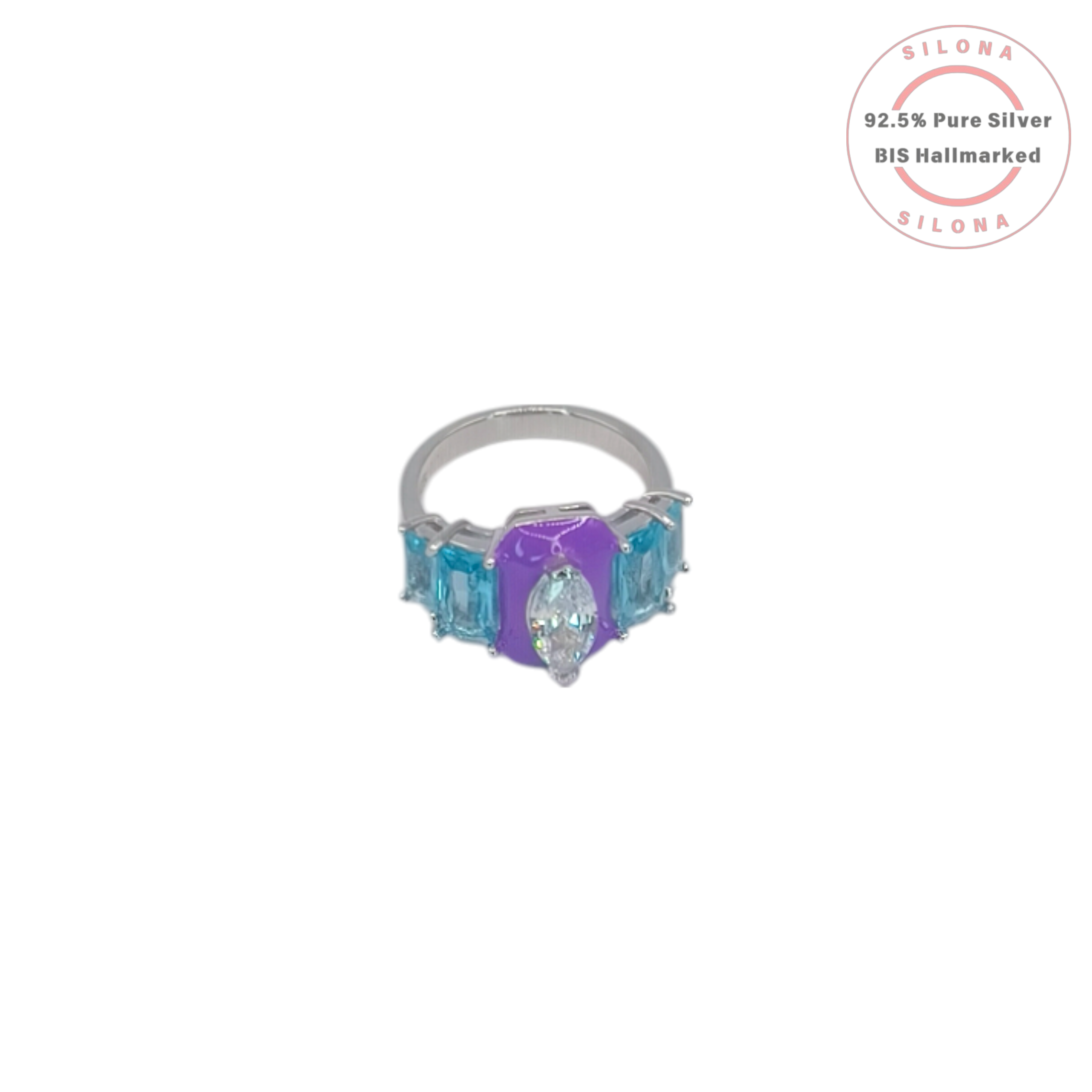 Silona's Vibrant Enamel & Multi-CZ Ring, featuring a purple enamel center with a marquise-cut CZ, flanked by blue baguette-cut stones on a 92.5 silver band.