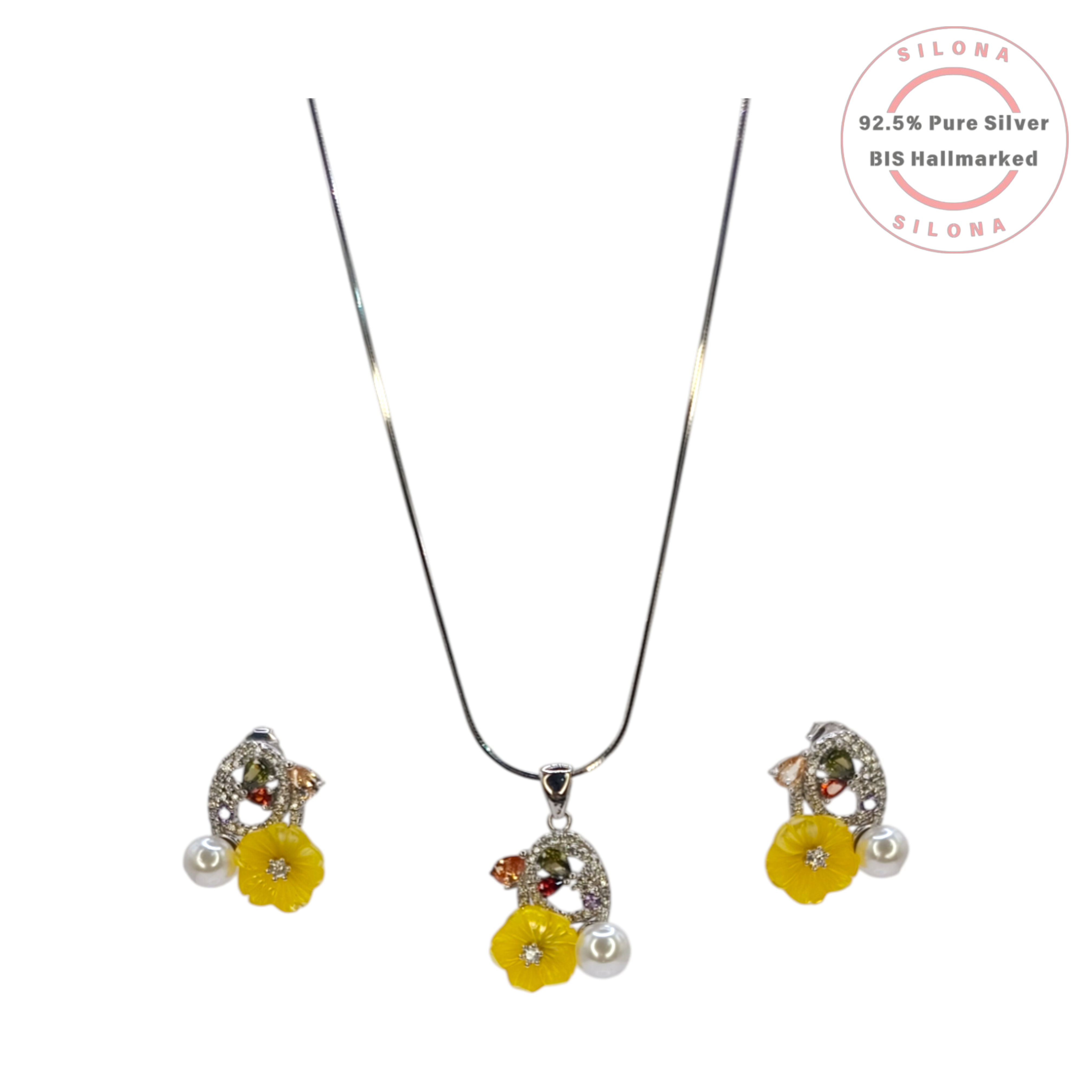 Silona Enamel Yellow Floral and Pearl Necklace and Earring Set in 92.5 Silver, with matching earrings and a snake chain.