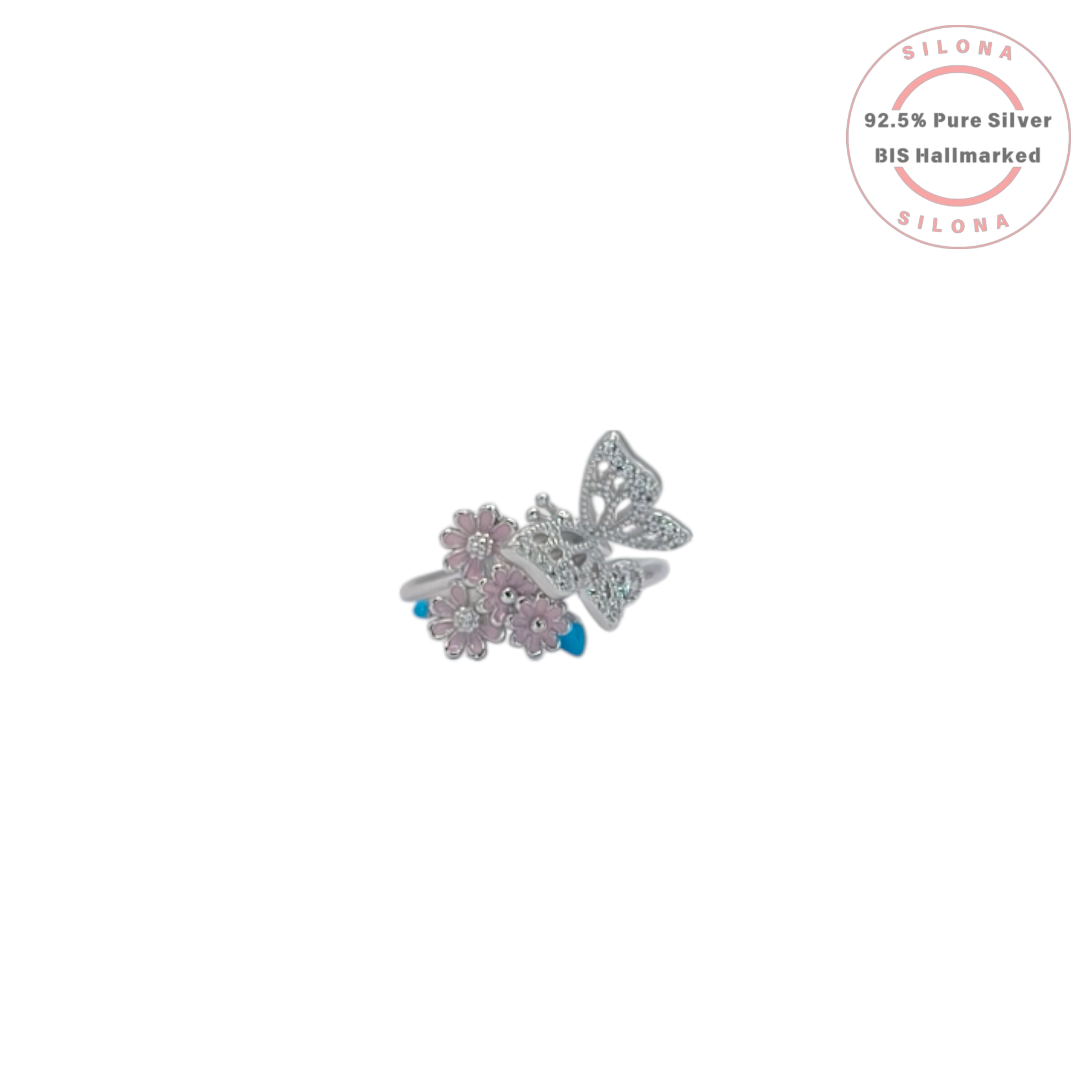 A sterling silver ring featuring a pavé cubic zirconia butterfly alongside a trio of pastel pink enamel flowers, shown on a white background.