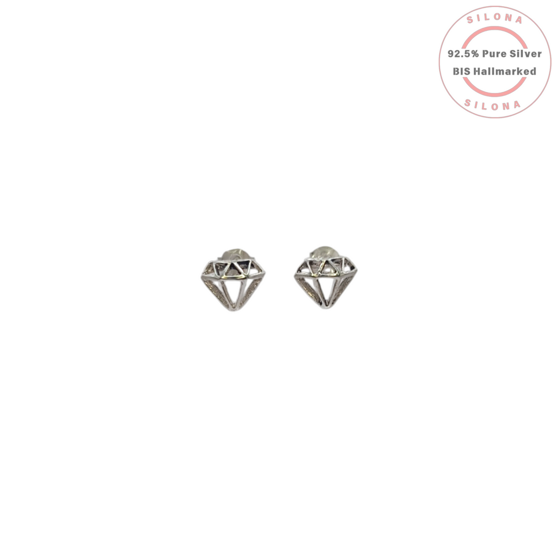 A pair of minimalist, geometric diamond silhouette stud earrings crafted from pure 92.5 silver, shown on a clean white background.