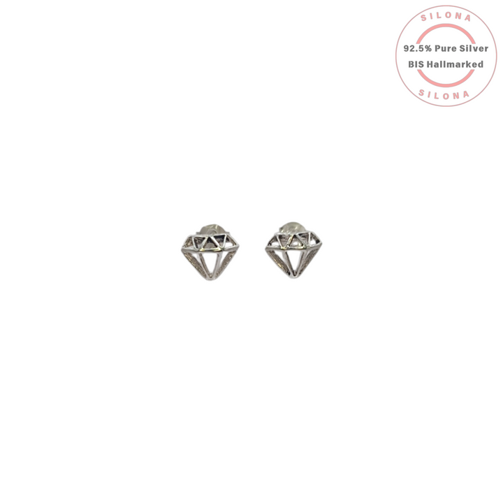 A pair of minimalist, geometric diamond silhouette stud earrings crafted from pure 92.5 silver, shown on a clean white background.