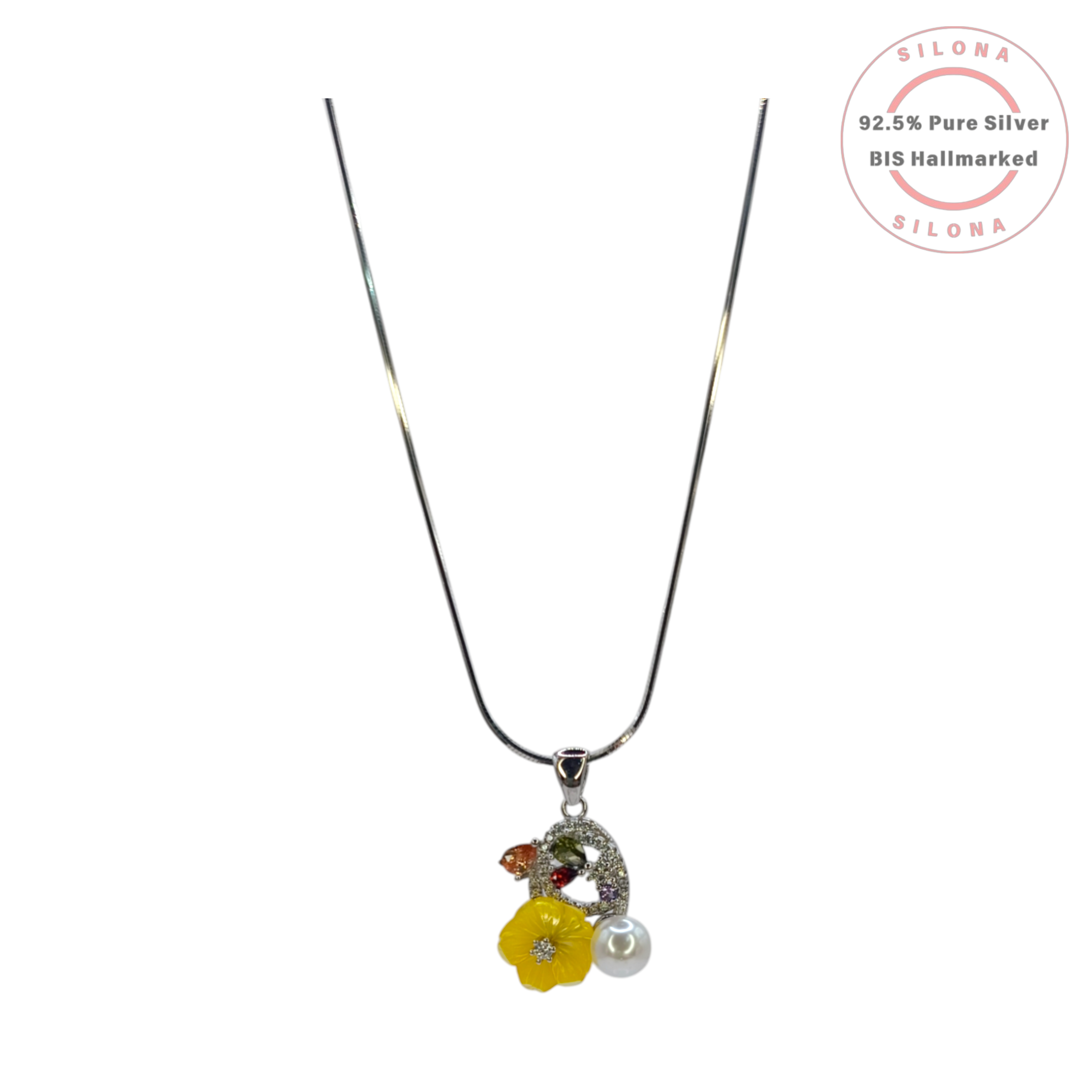 Silona Enamel Yellow Floral and Pearl Necklace and Earring Set in 92.5 Silver, with matching earrings and a snake chain.