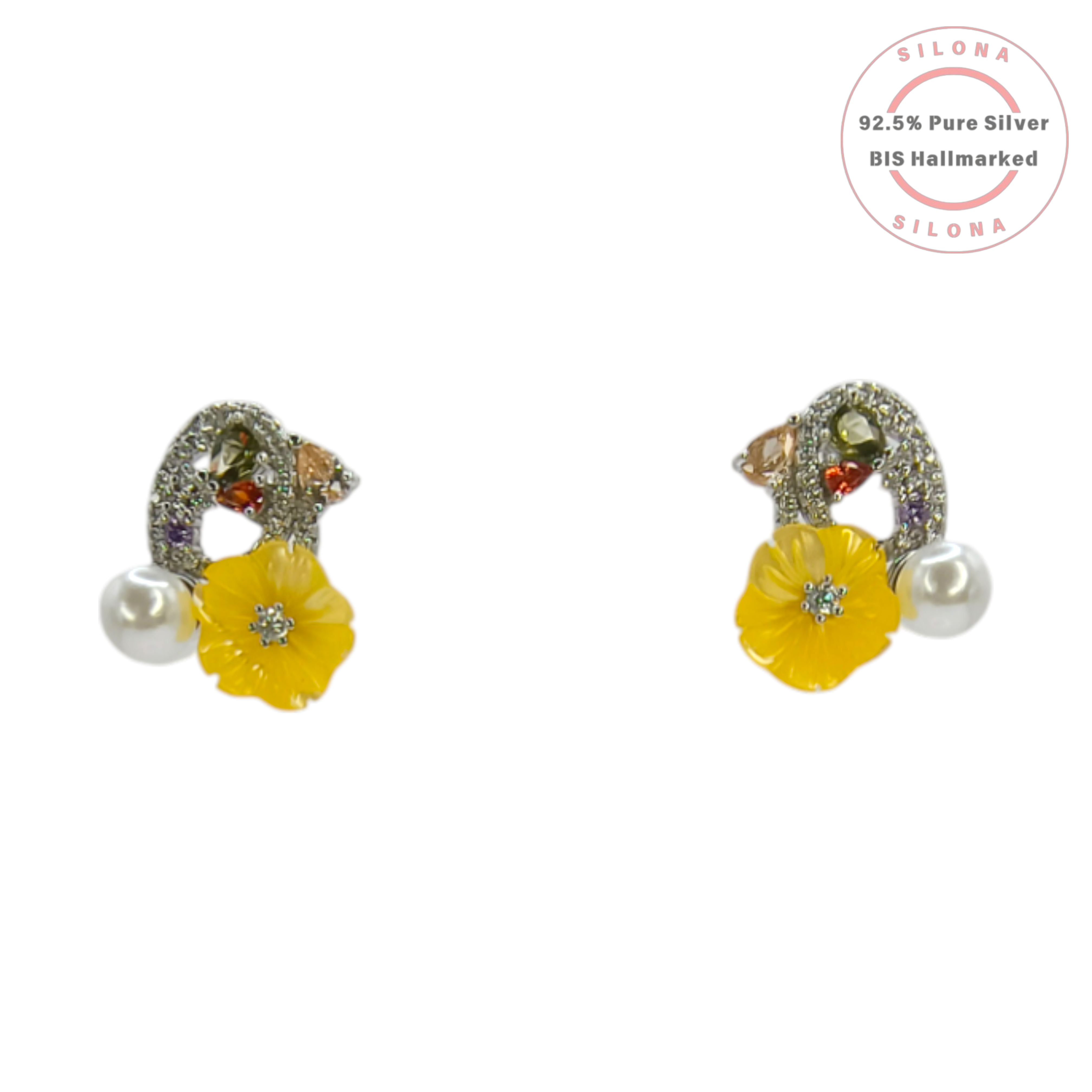 Silona Enamel Yellow Floral and Pearl Necklace and Earring Set in 92.5 Silver, with matching earrings and a snake chain.