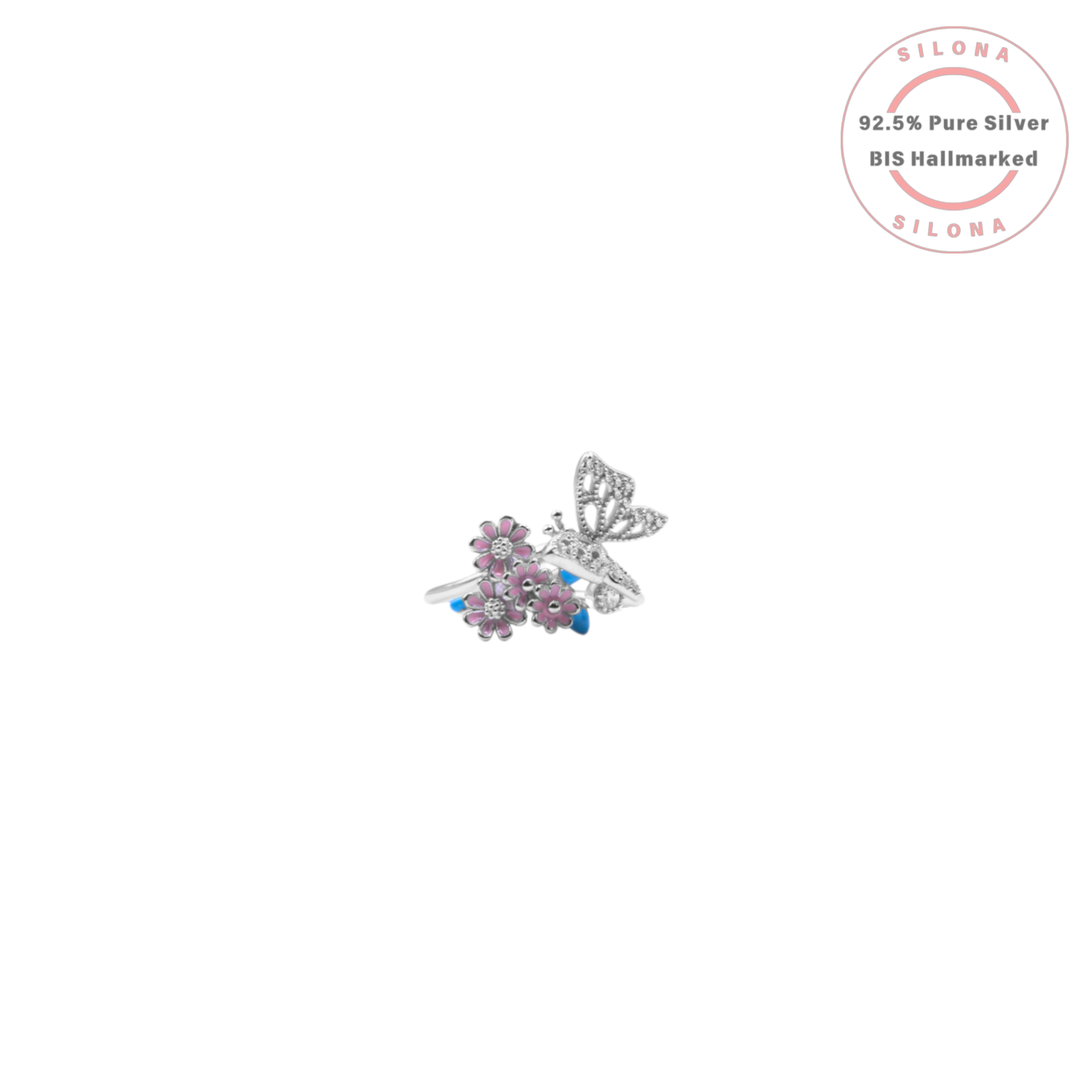 A sterling silver ring featuring a pavé cubic zirconia butterfly alongside a trio of pastel pink enamel flowers, shown on a white background.