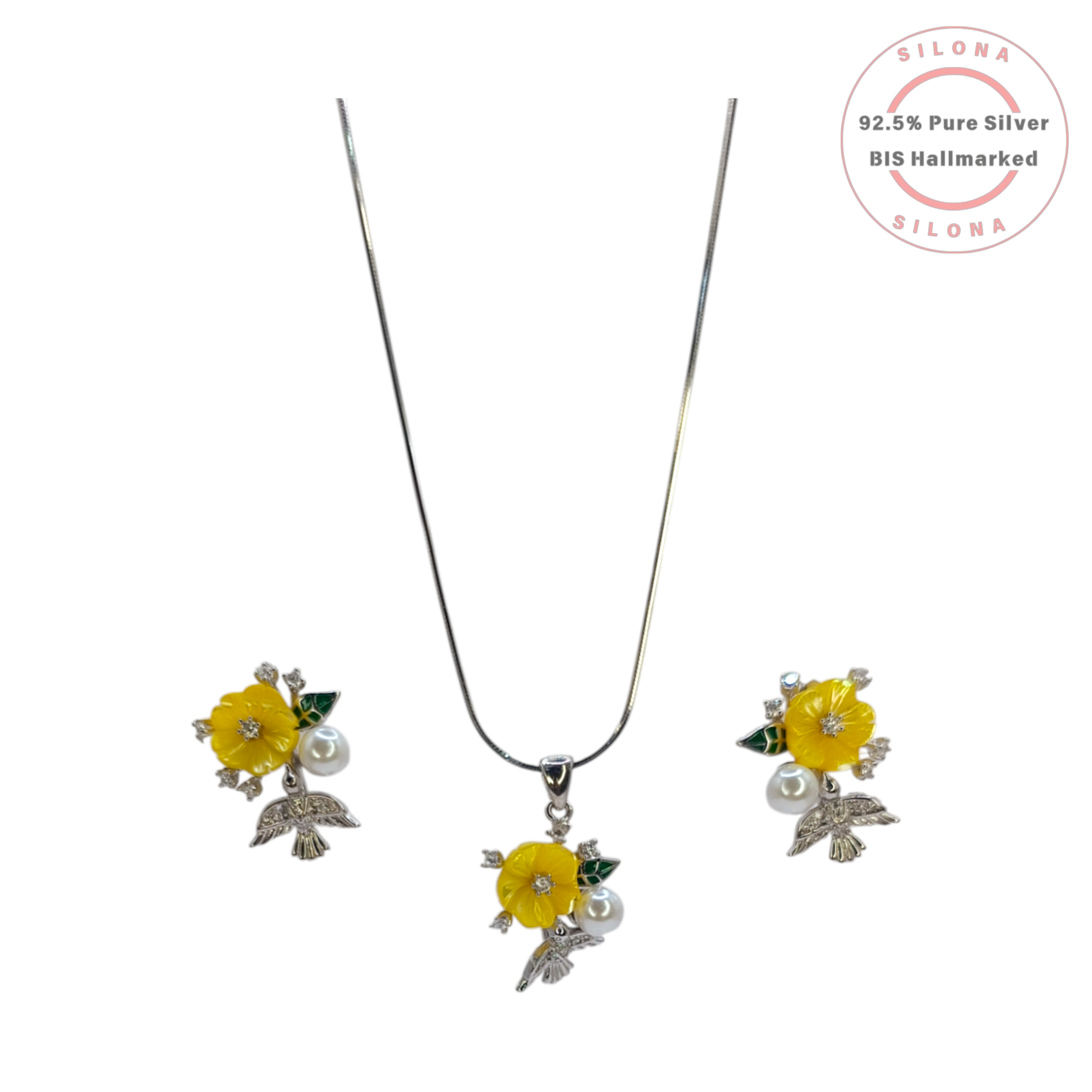 Silona Hummingbird & Floral Necklace and Earring Set in 92.5 silver, featuring a yellow flower, pearl, and silver hummingbird on a snake chain.