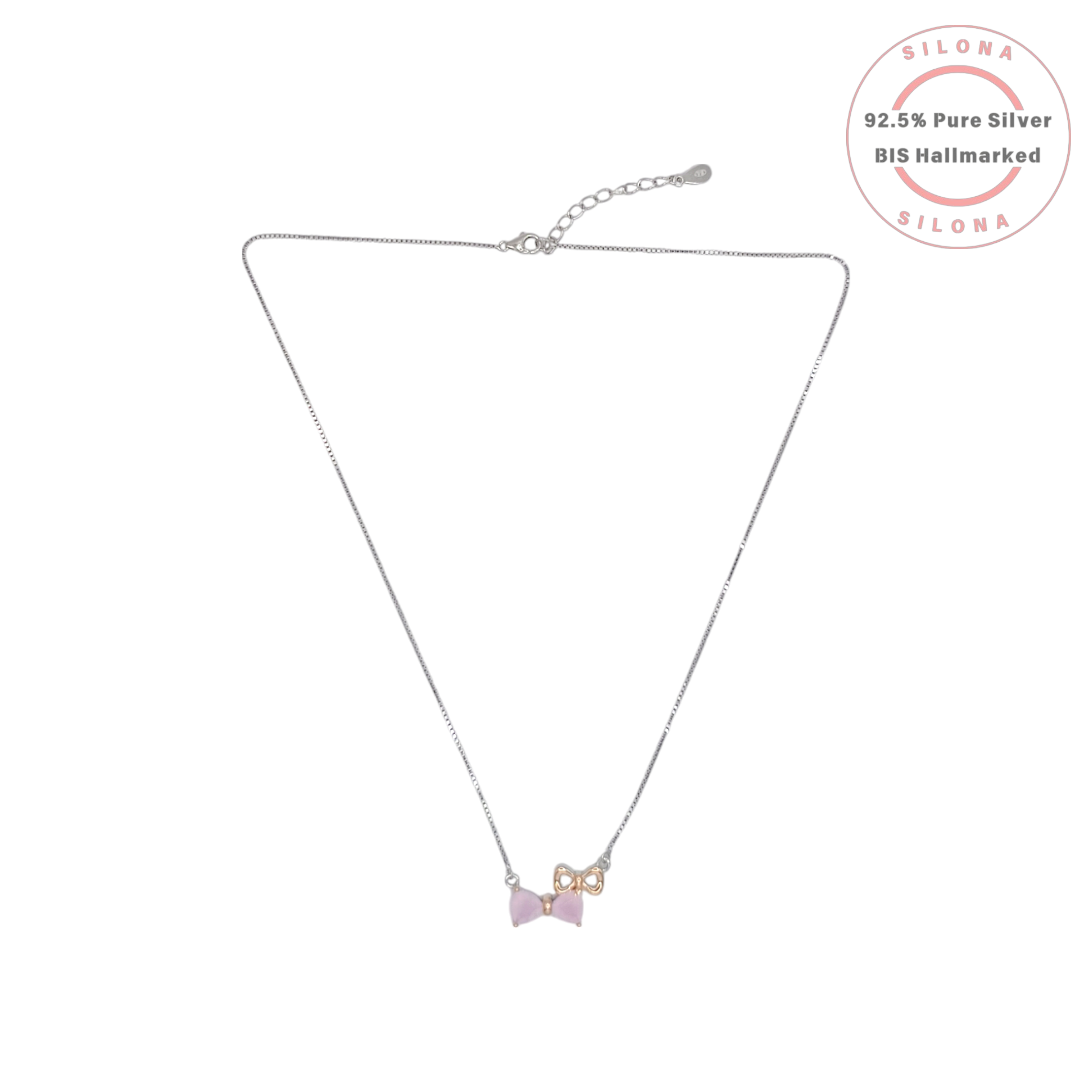 Silona's Dainty Dual-Tone Bow Necklace in 92.5 silver, featuring a pastel pink crystal bow and a smaller rose-gold plated bow on a box chain.