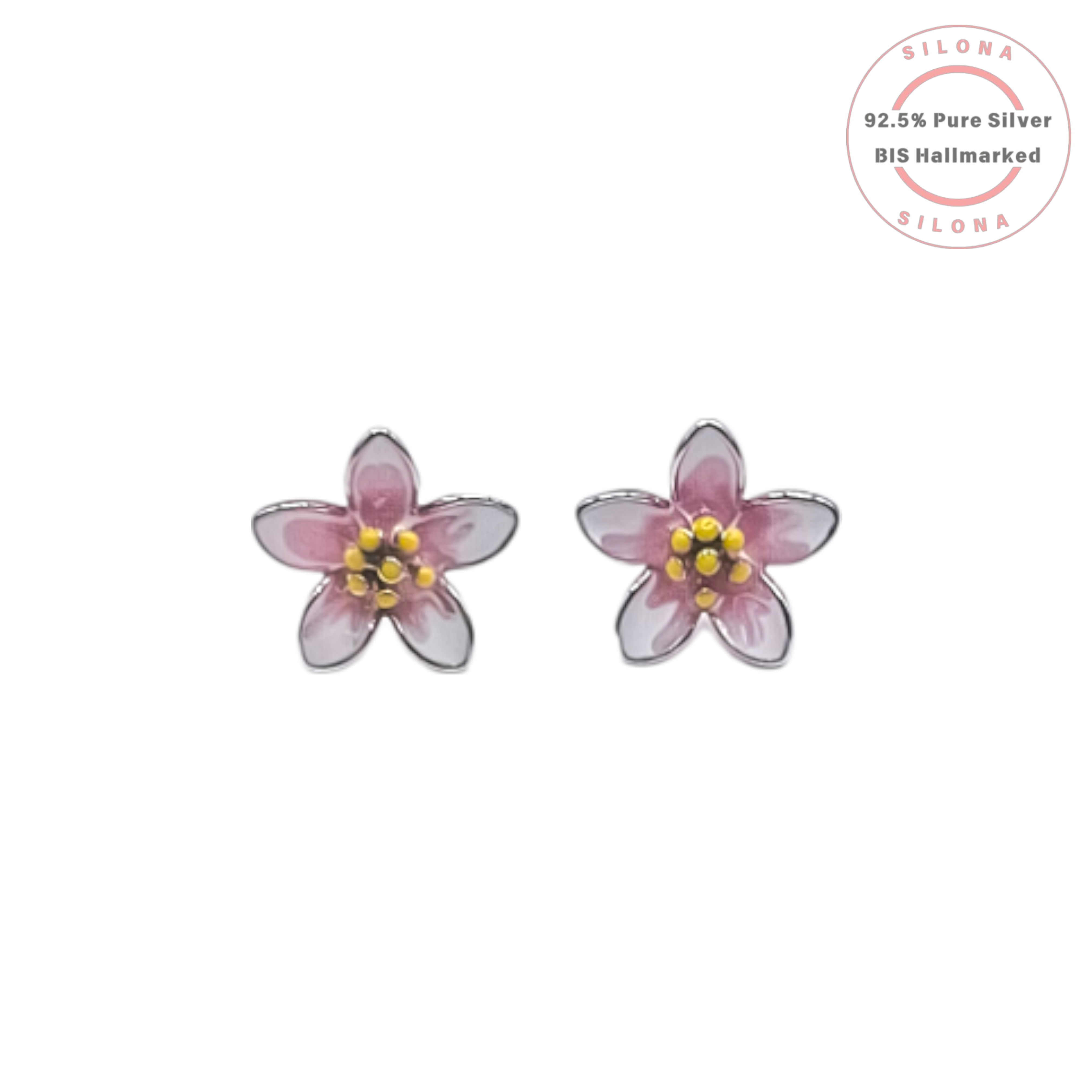 A pair of Enamel Cherry Blossom Stud Earrings in pure 92.5 silver, featuring soft pink petals and a yellow center, on a white background.