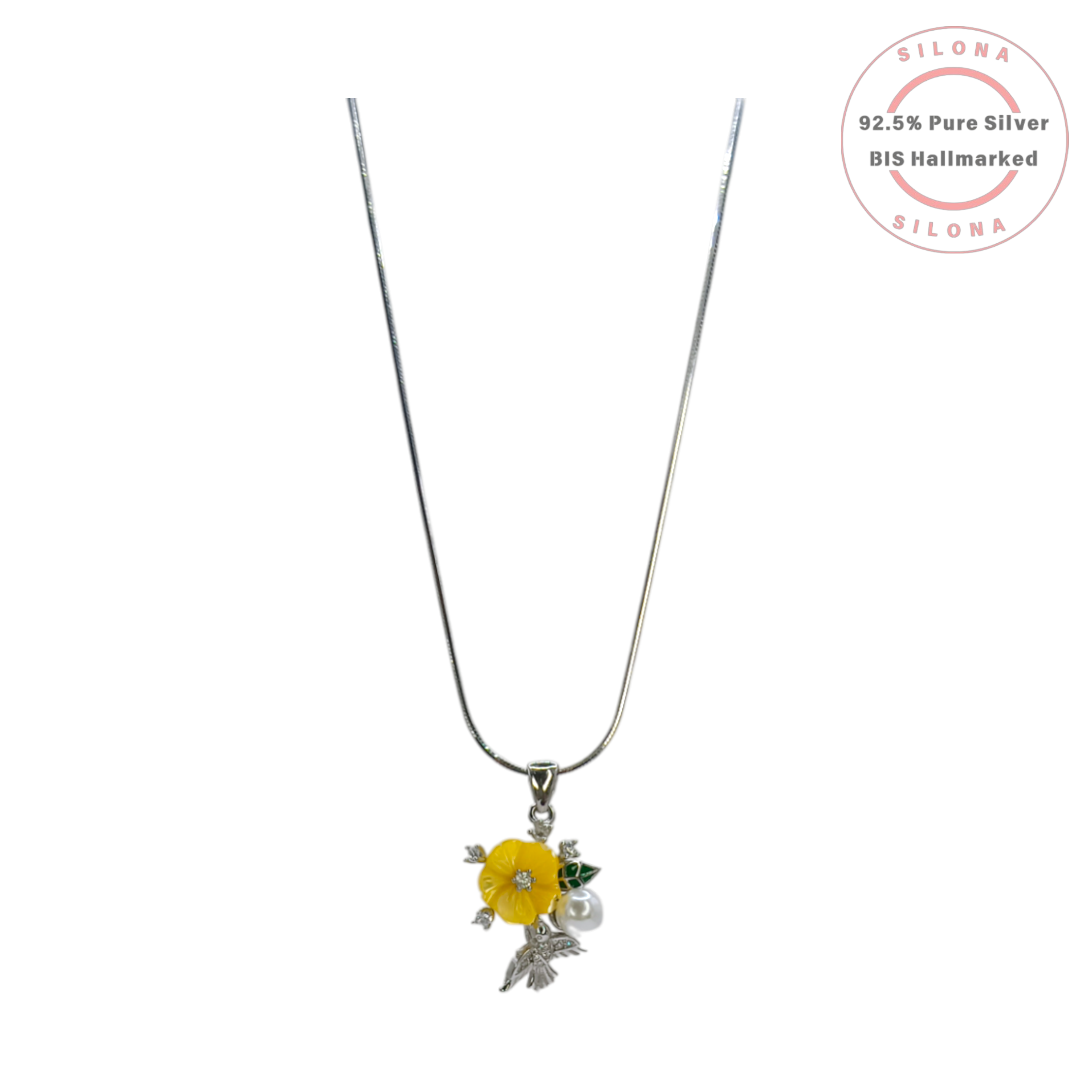 Silona Hummingbird & Floral Necklace and Earring Set in 92.5 silver, featuring a yellow flower, pearl, and silver hummingbird on a snake chain.