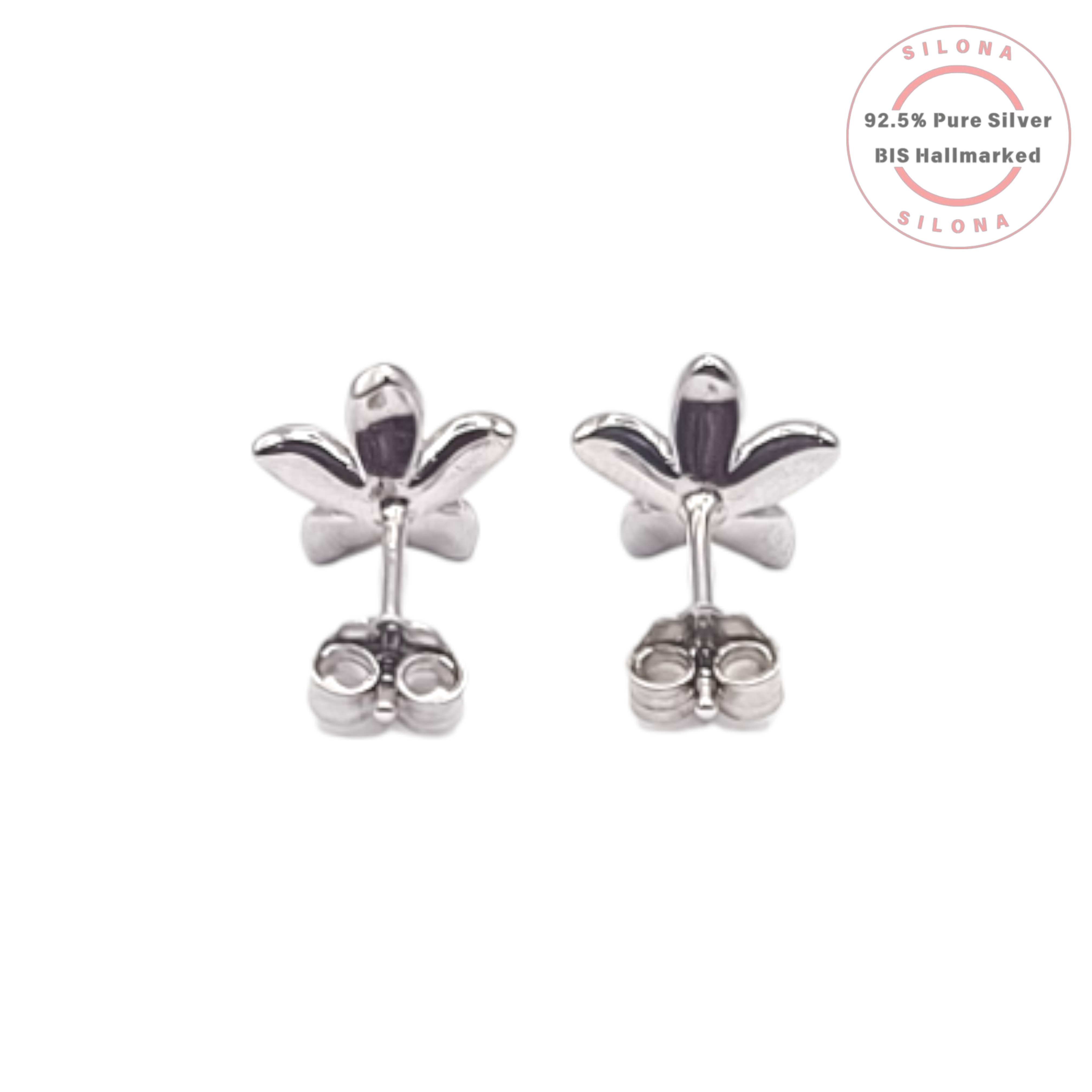 A pair of Enamel Cherry Blossom Stud Earrings in pure 92.5 silver, featuring soft pink petals and a yellow center, on a white background.