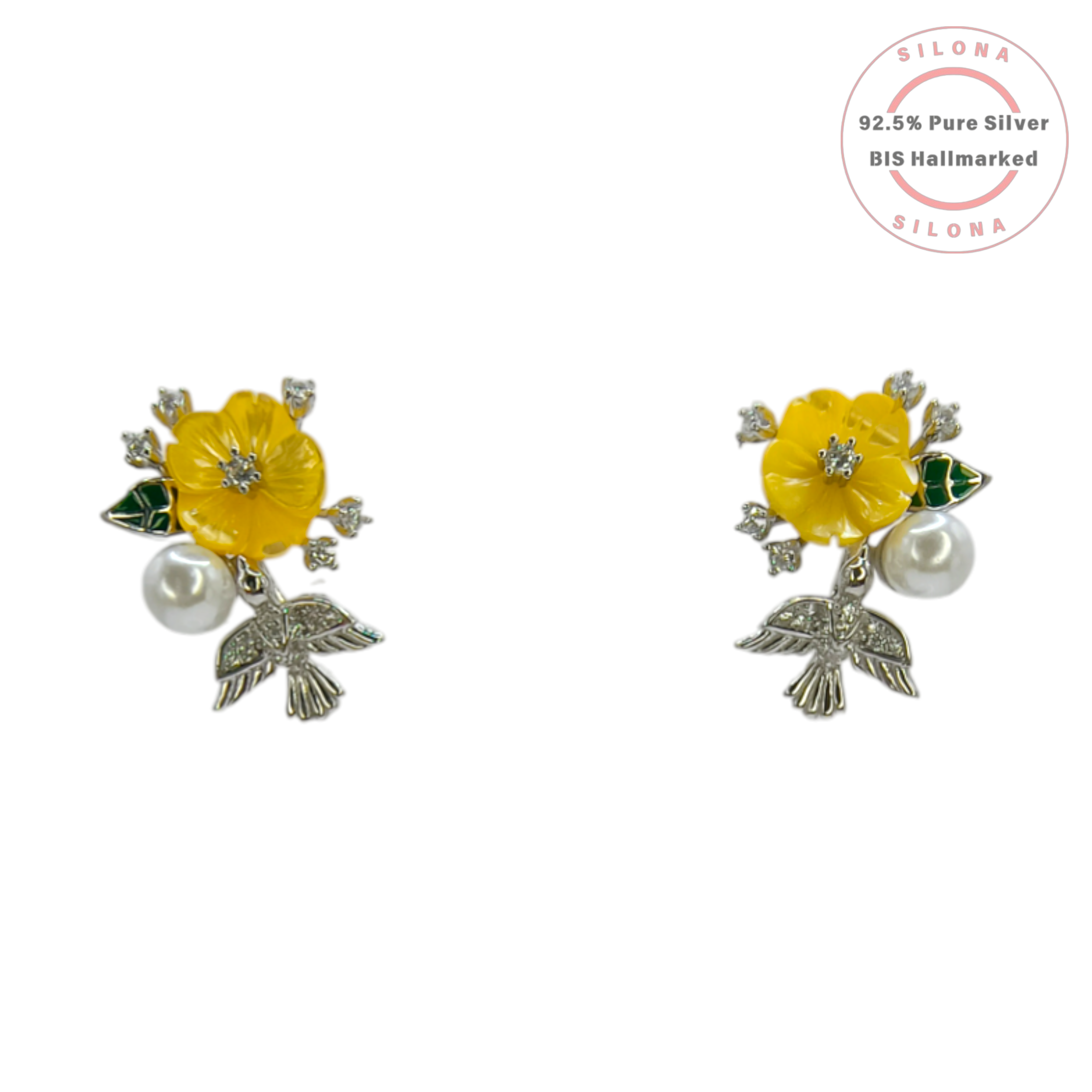 Silona Hummingbird & Floral Necklace and Earring Set in 92.5 silver, featuring a yellow flower, pearl, and silver hummingbird on a snake chain.