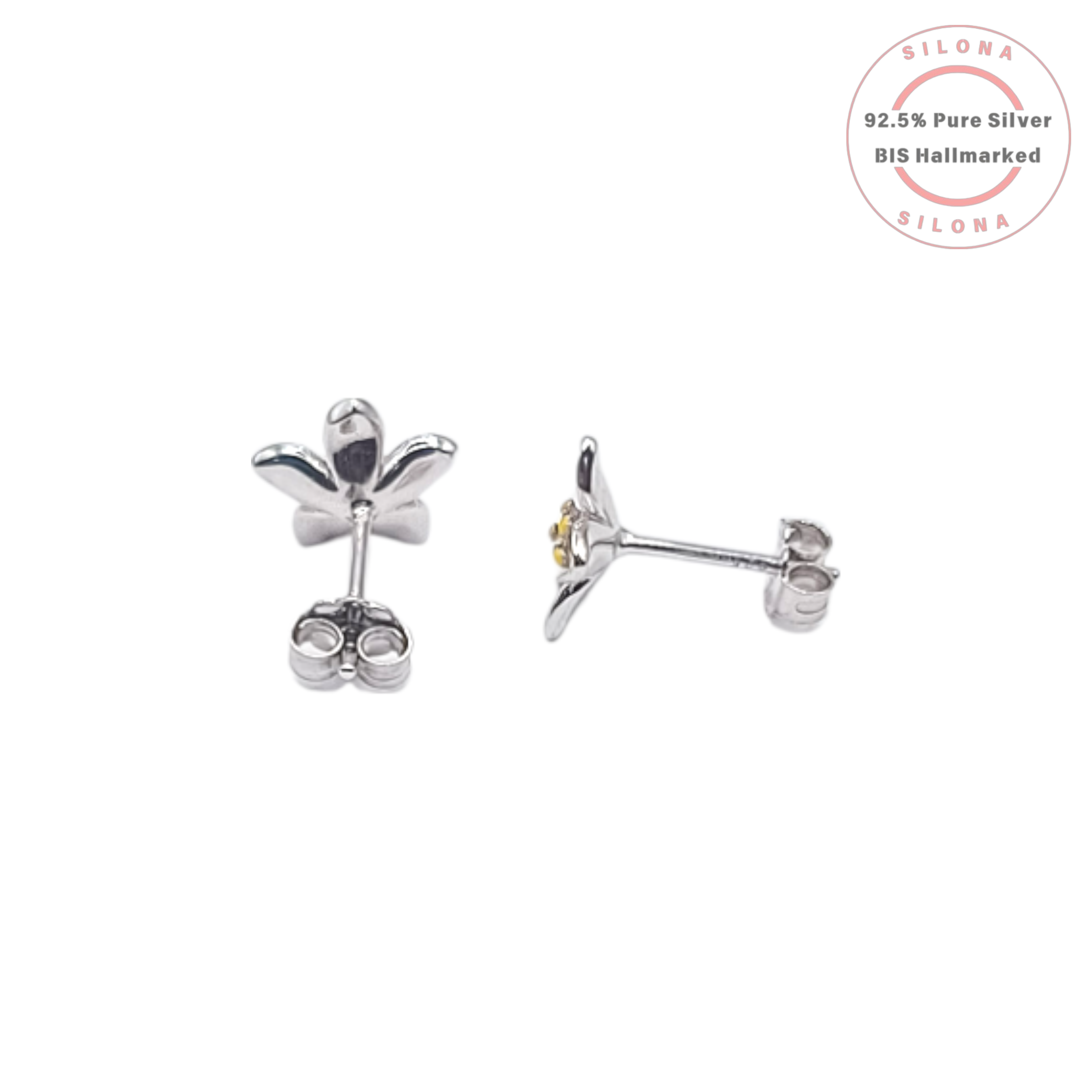 A pair of Enamel Cherry Blossom Stud Earrings in pure 92.5 silver, featuring soft pink petals and a yellow center, on a white background.