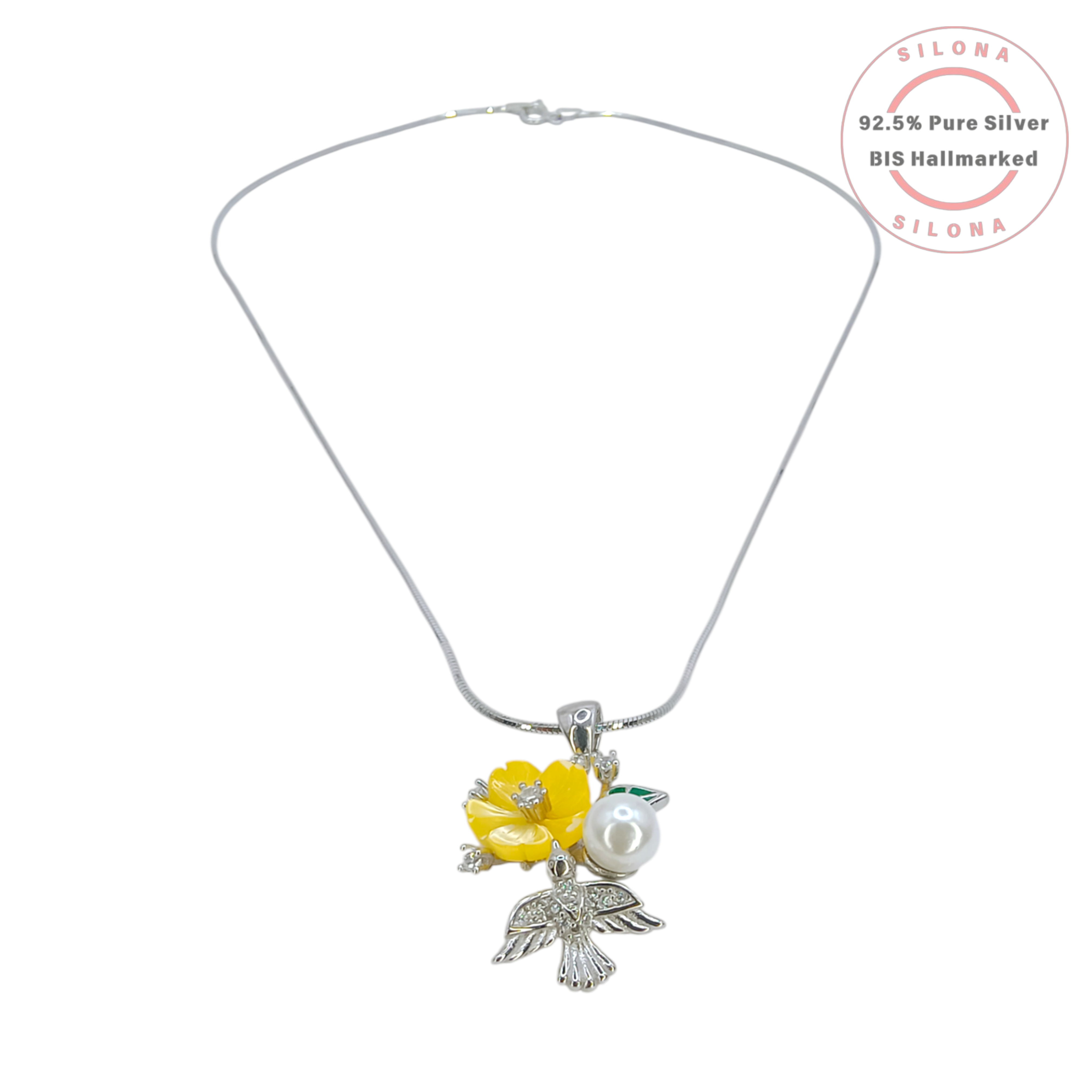 Silona Hummingbird & Floral Necklace and Earring Set in 92.5 silver, featuring a yellow flower, pearl, and silver hummingbird on a snake chain.