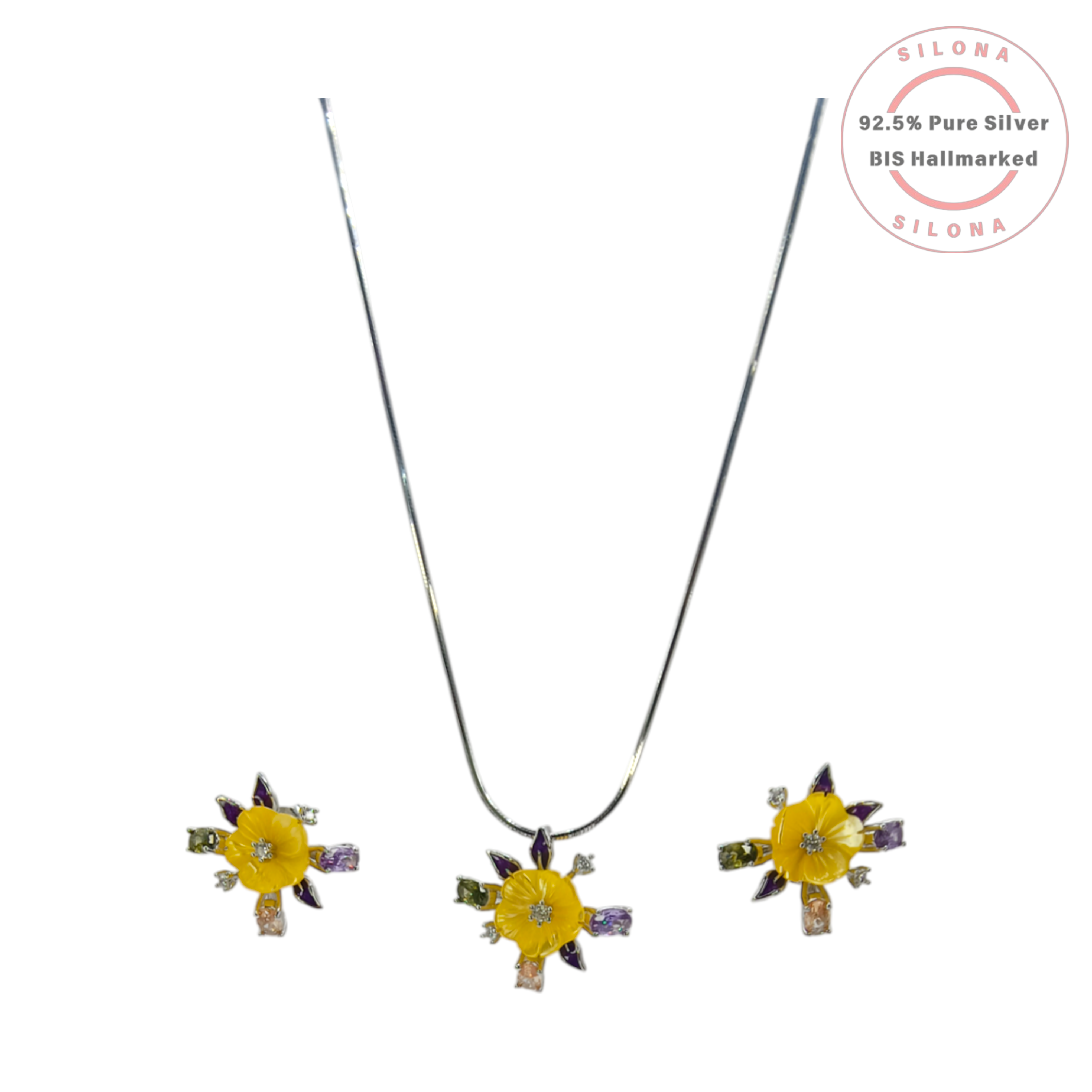 Silona silver necklace and earring set featuring a yellow carved flower pendant with multi-colored cubic zirconia stones on a silver snake chain.