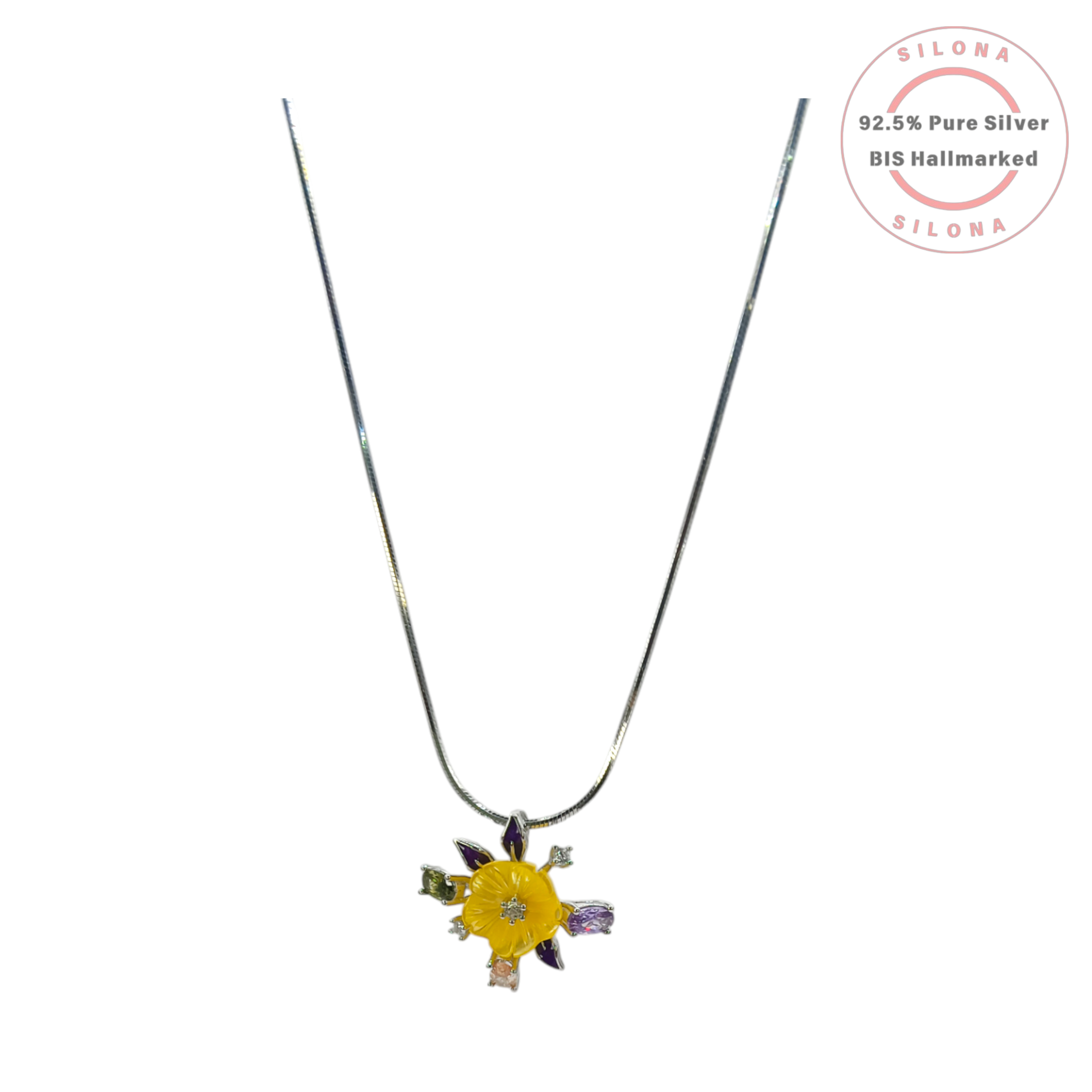 Silona silver necklace and earring set featuring a yellow carved flower pendant with multi-colored cubic zirconia stones on a silver snake chain.
