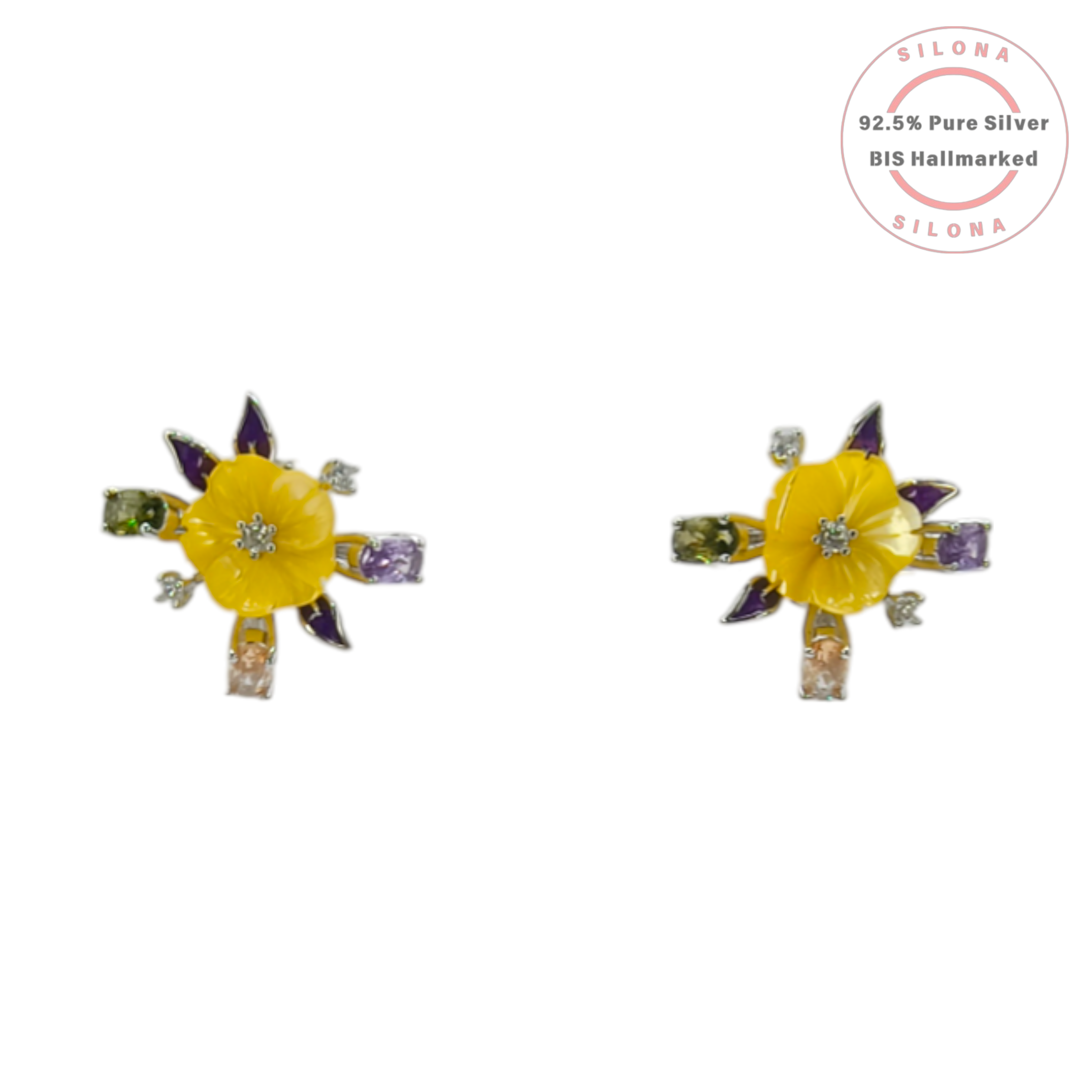 Silona silver necklace and earring set featuring a yellow carved flower pendant with multi-colored cubic zirconia stones on a silver snake chain.