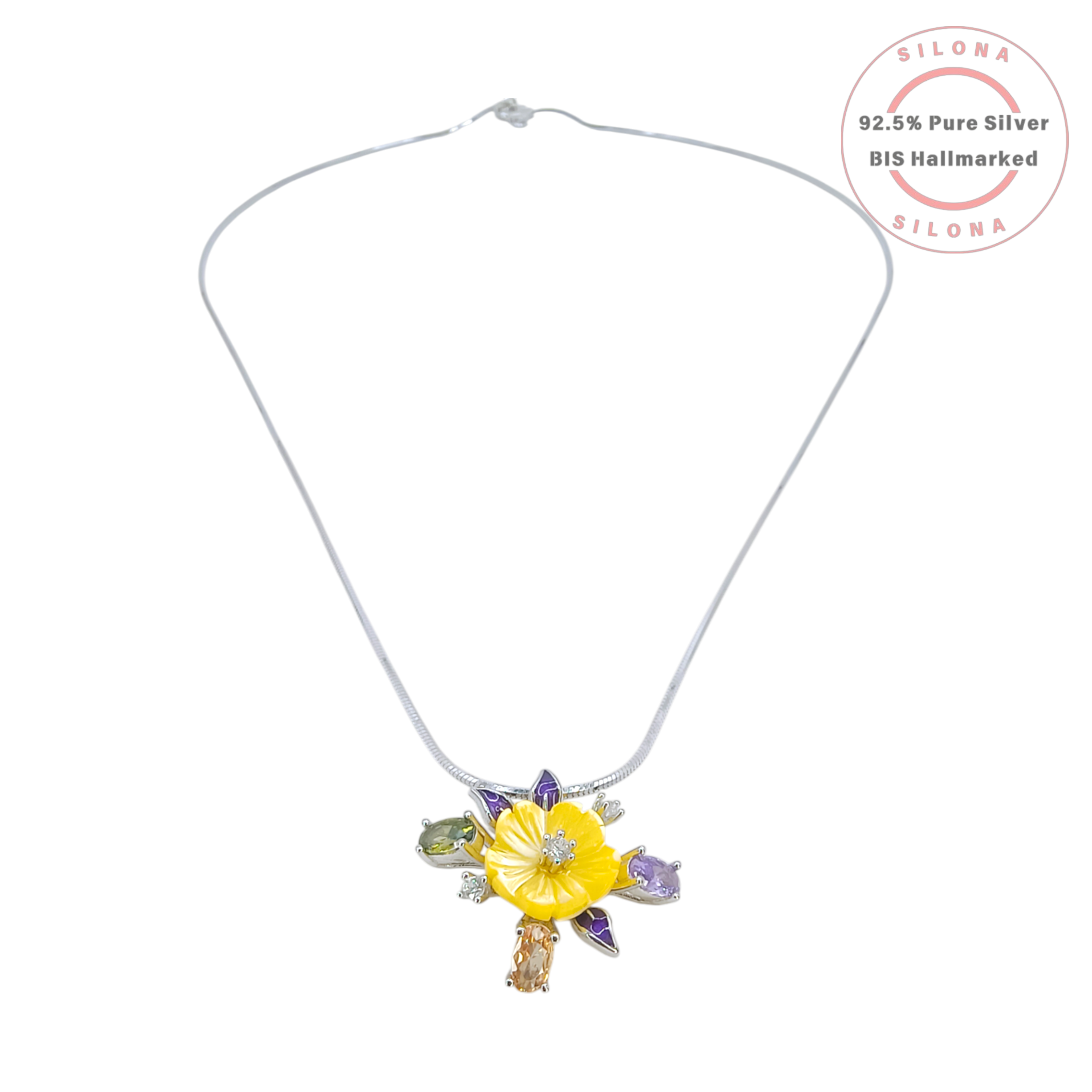 Silona silver necklace and earring set featuring a yellow carved flower pendant with multi-colored cubic zirconia stones on a silver snake chain.