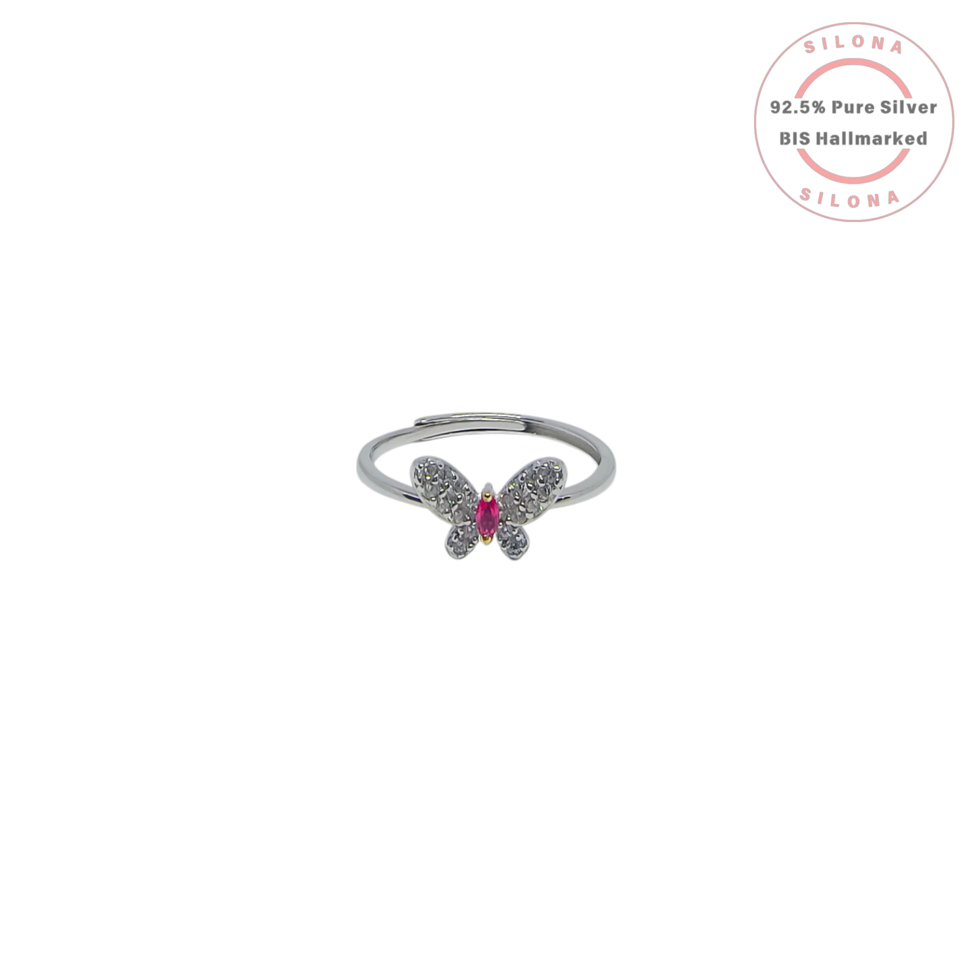 Silona adjustable butterfly ring crafted in 92.5 silver, featuring a central marquise-cut ruby-hued stone and cubic zirconia encrusted wings.