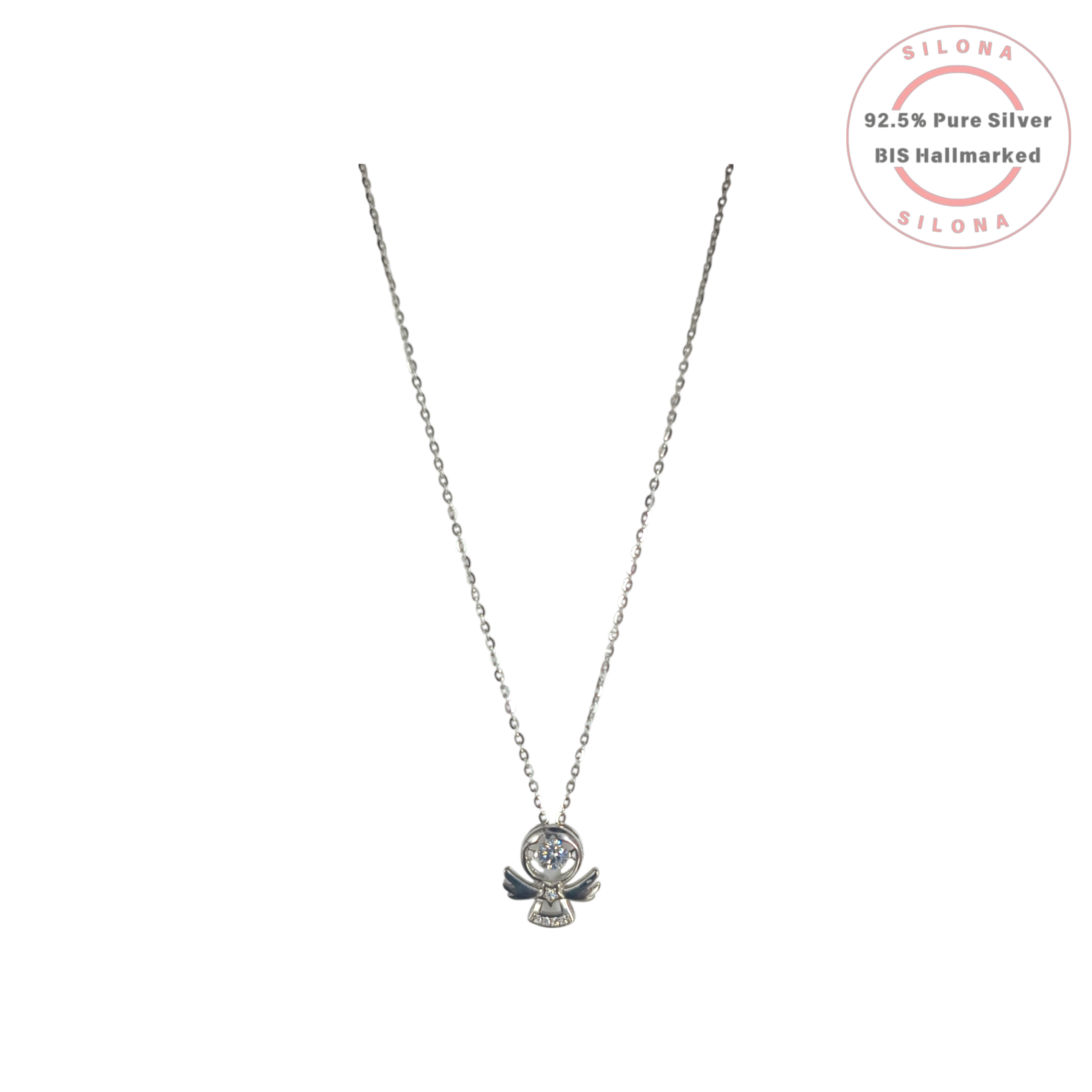 Silona Guardian Angel Necklace in pure 92.5 silver, featuring a solitaire cubic zirconia pendant on a white background.