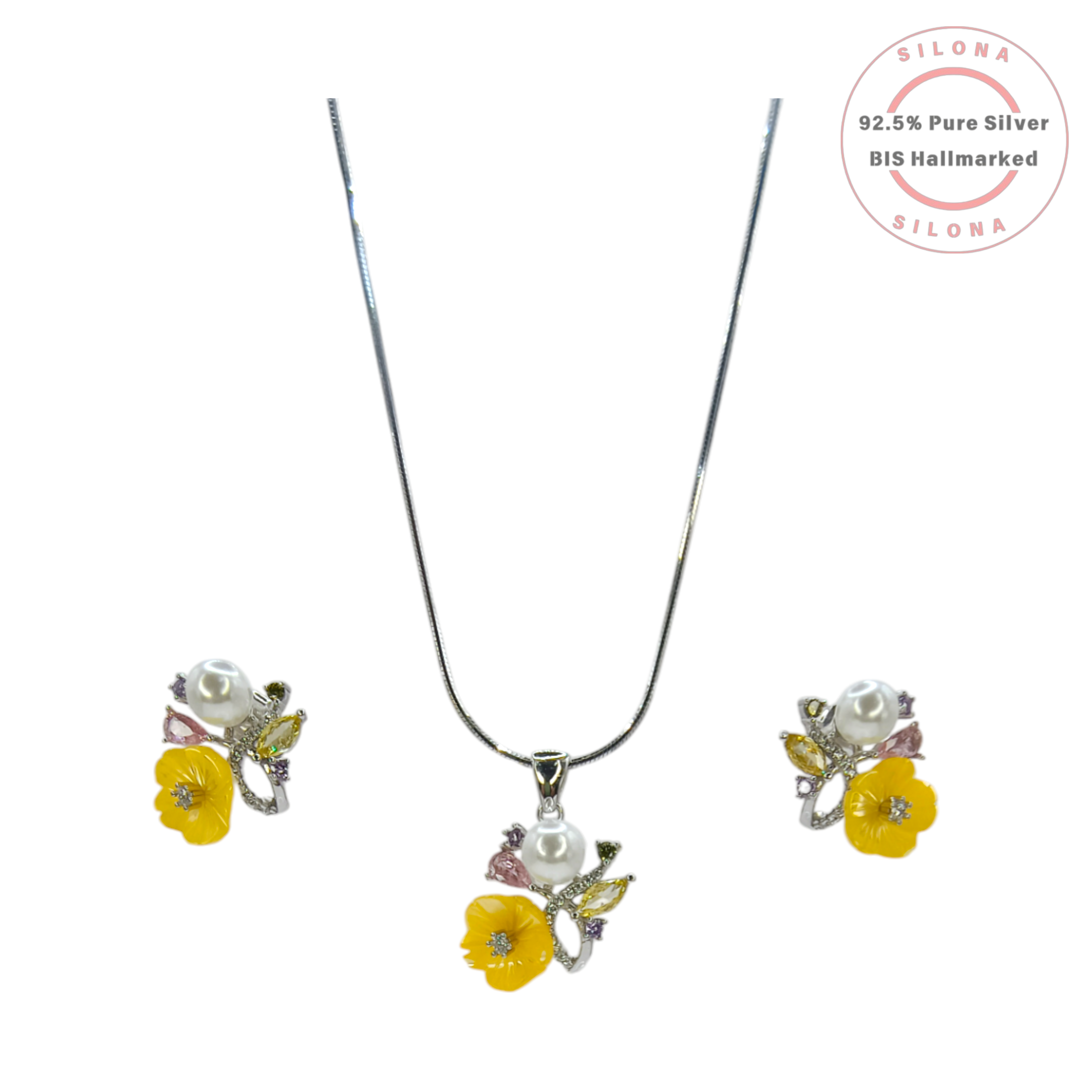 Silona floral necklace and earring set featuring a yellow enamel flower, a white pearl, and multi-colored stones, crafted from 92.5 sterling silver on a white background.