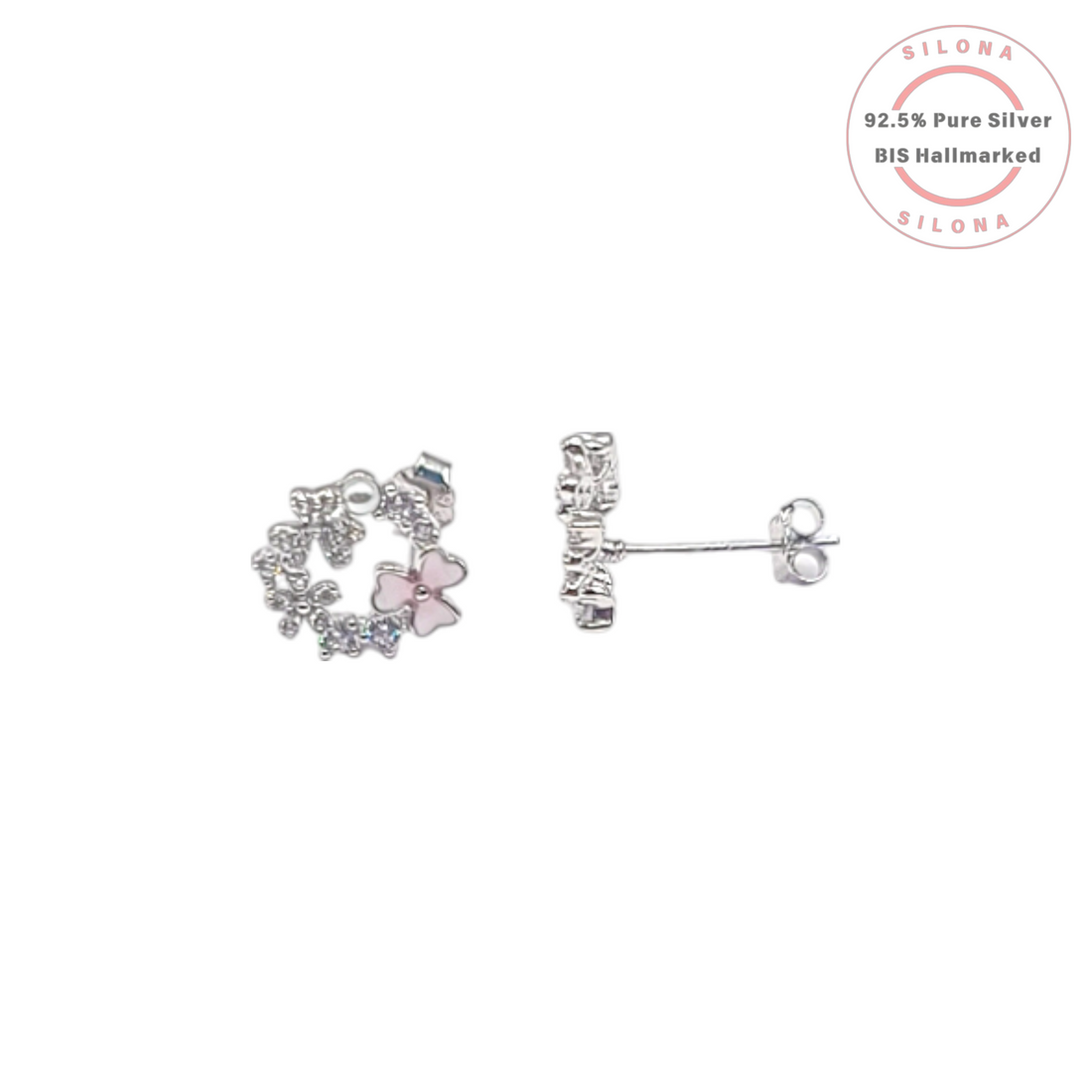 A pair of silver floral wreath stud earrings with pink mother-of-pearl flowers, cubic zirconia, and a small white pearl accent, on a white background.