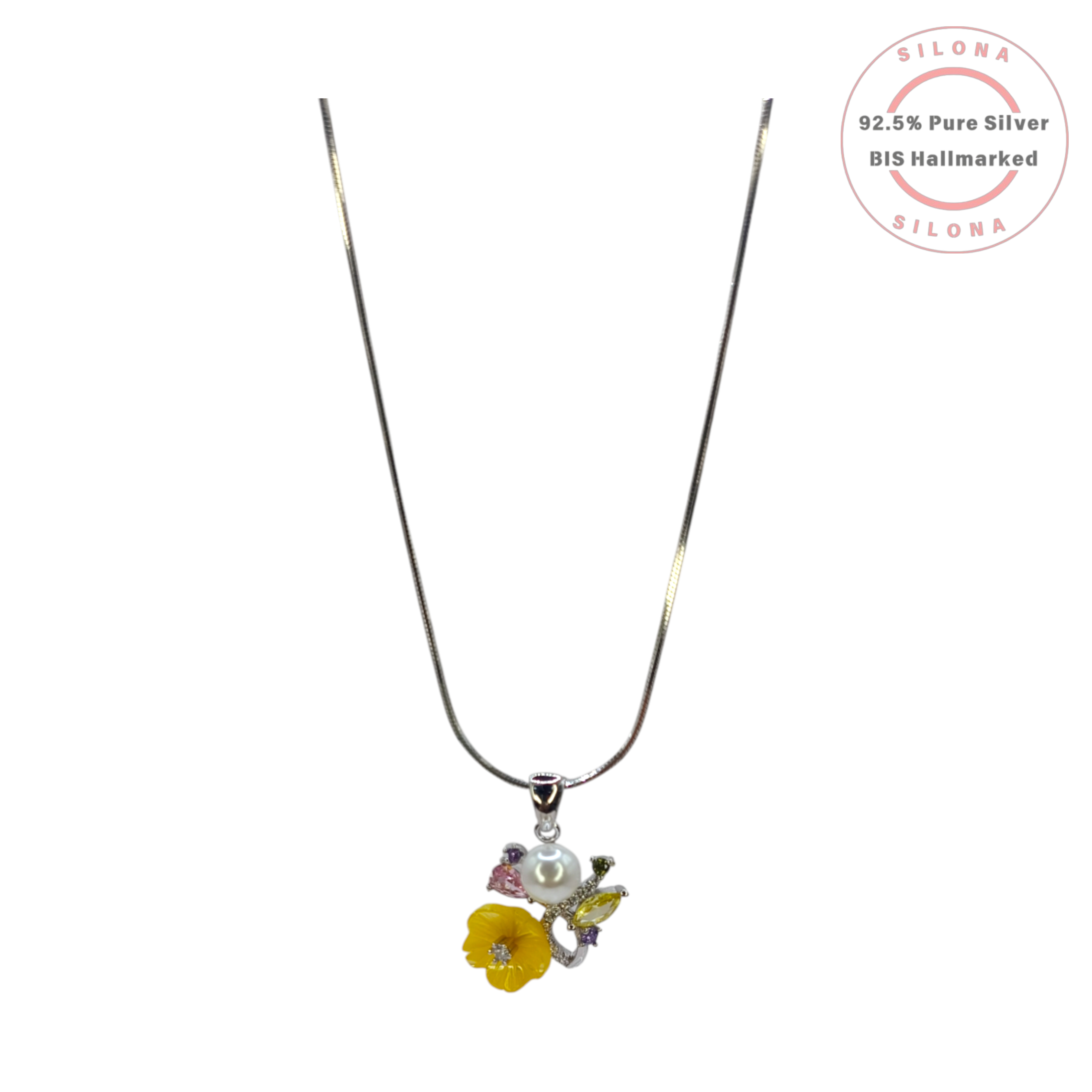 Silona floral necklace and earring set featuring a yellow enamel flower, a white pearl, and multi-colored stones, crafted from 92.5 sterling silver on a white background.