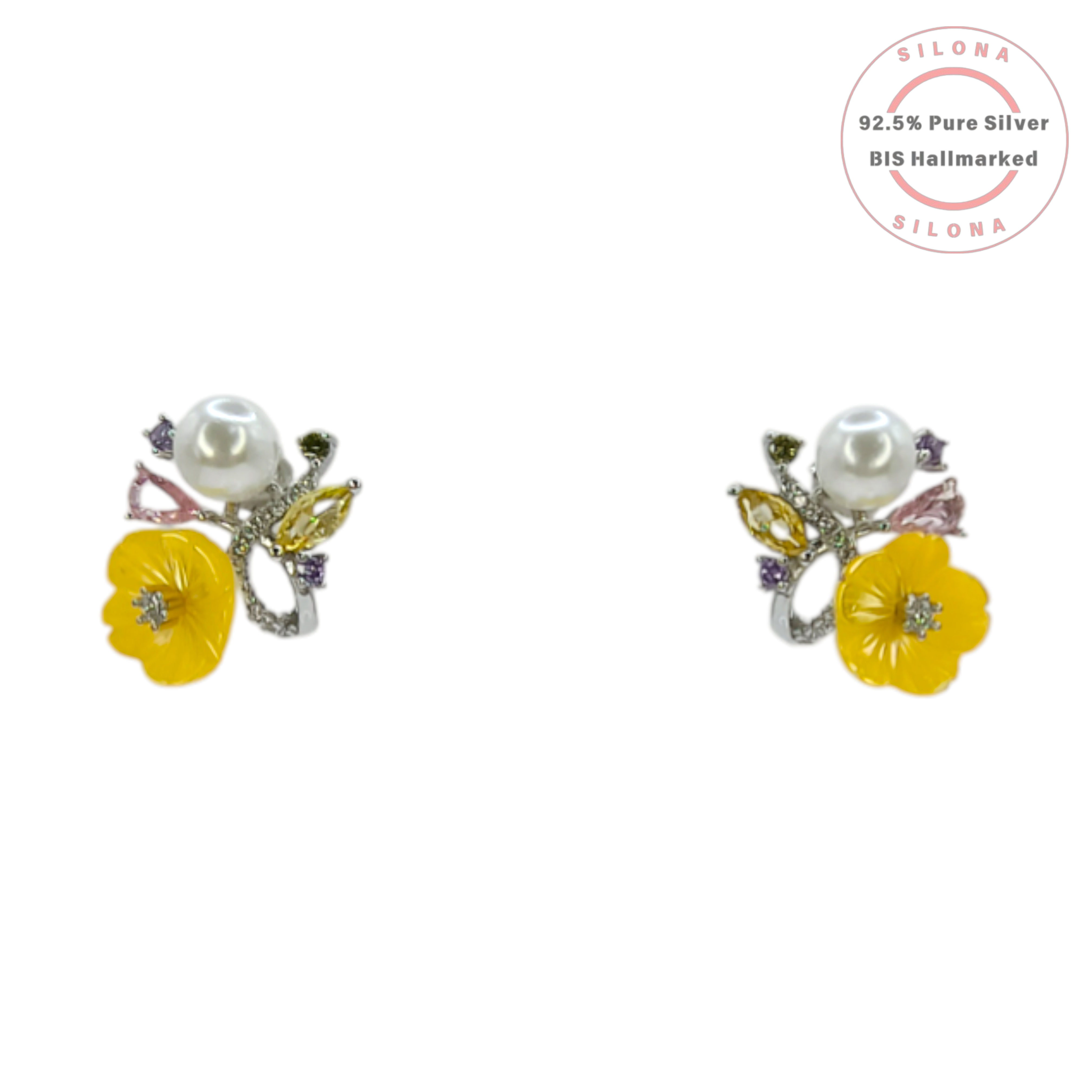 Silona floral necklace and earring set featuring a yellow enamel flower, a white pearl, and multi-colored stones, crafted from 92.5 sterling silver on a white background.