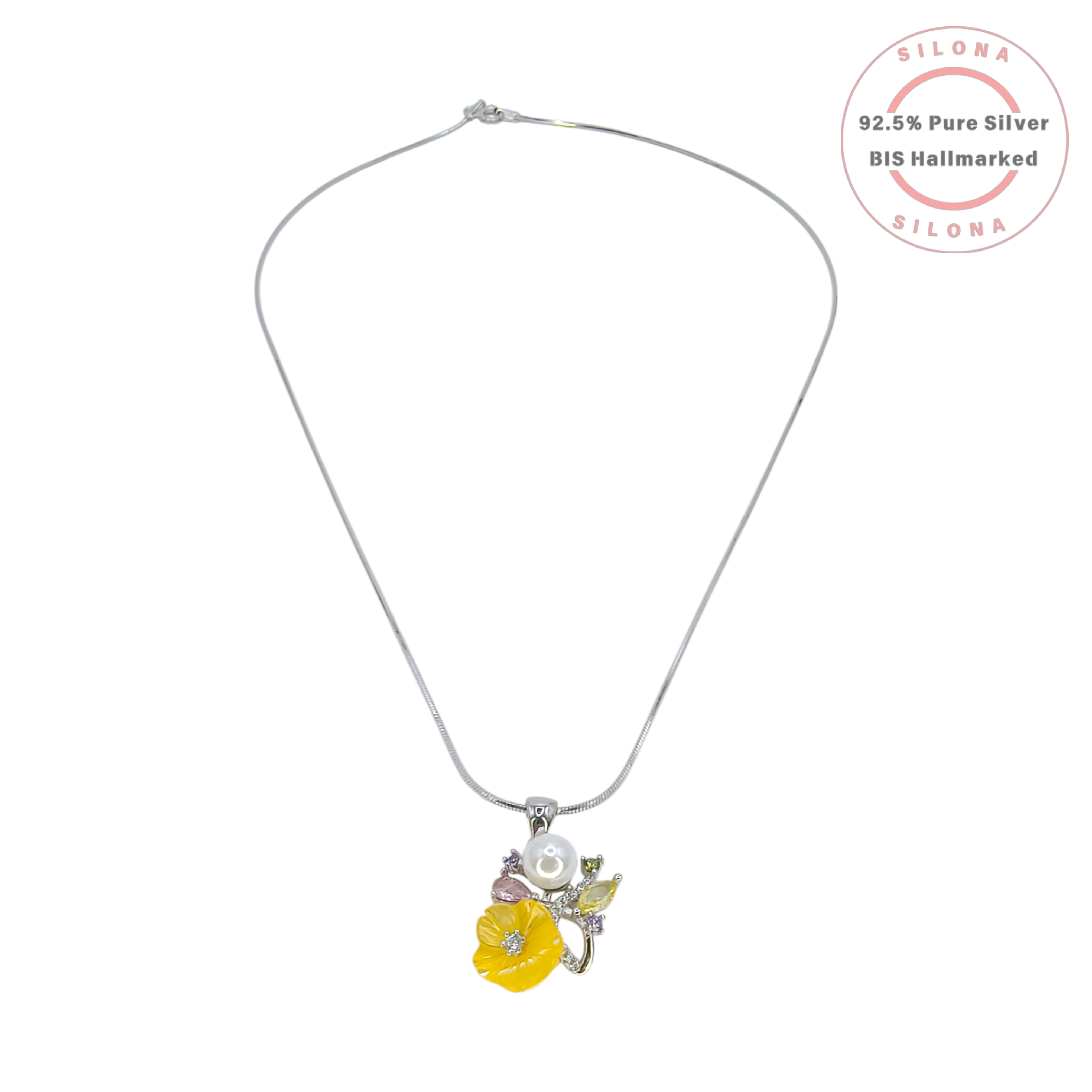Silona floral necklace and earring set featuring a yellow enamel flower, a white pearl, and multi-colored stones, crafted from 92.5 sterling silver on a white background.
