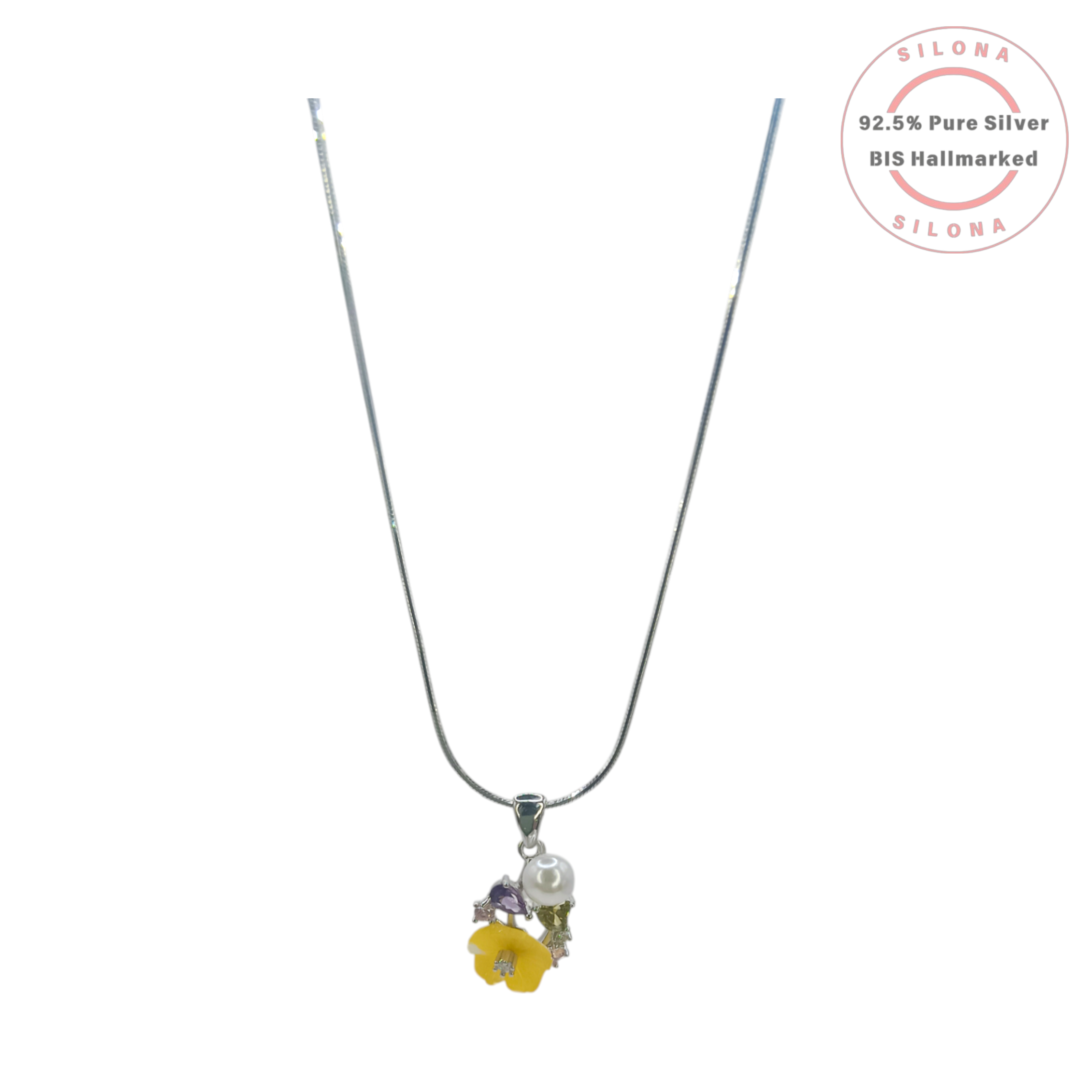 Silona floral necklace and earring set featuring a yellow enamel flower, a white pearl, and multi-colored stones, crafted from 92.5 sterling silver on a white background.