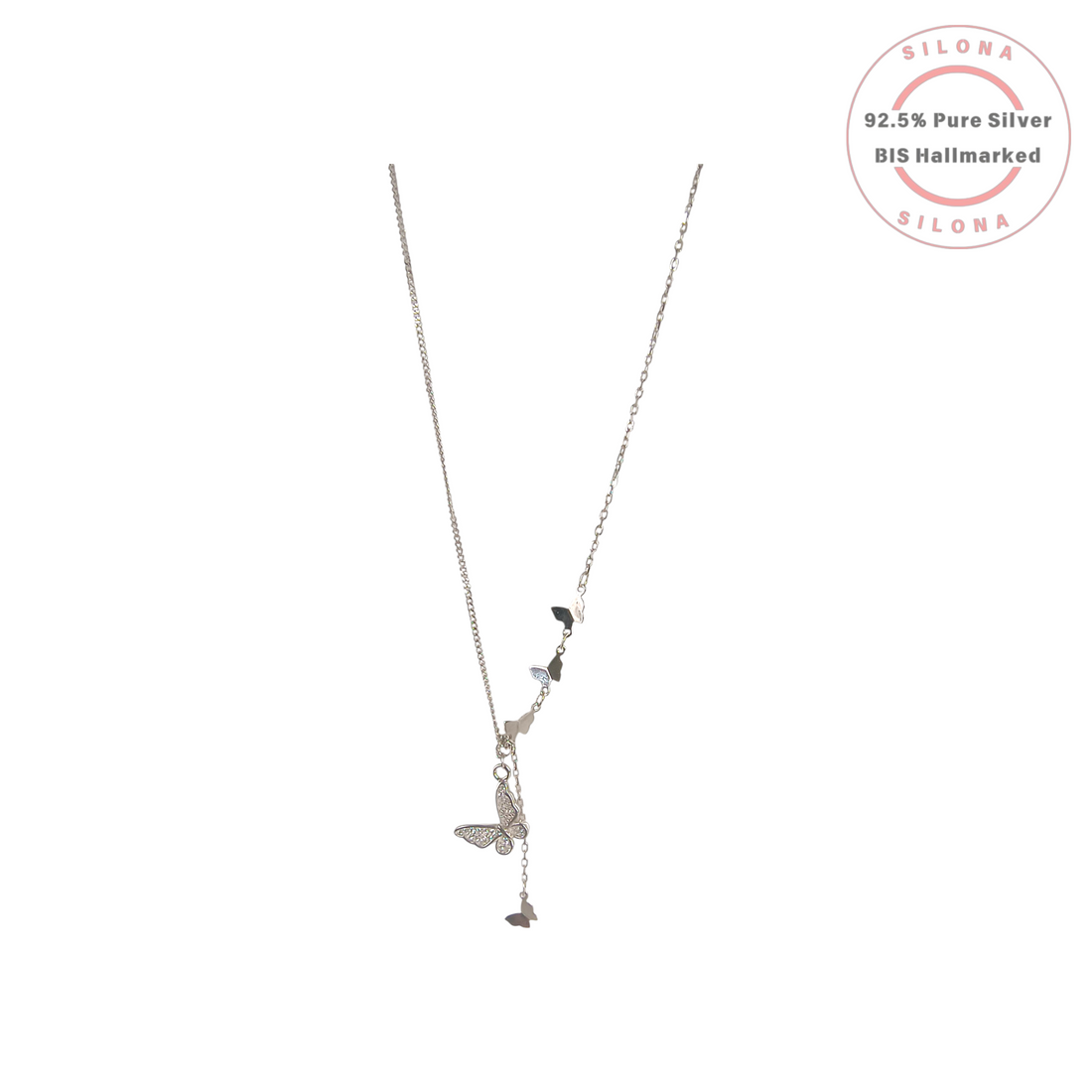 Dainty Pavé Butterfly Lariat Necklace in 92.5 sterling silver on a white background.
