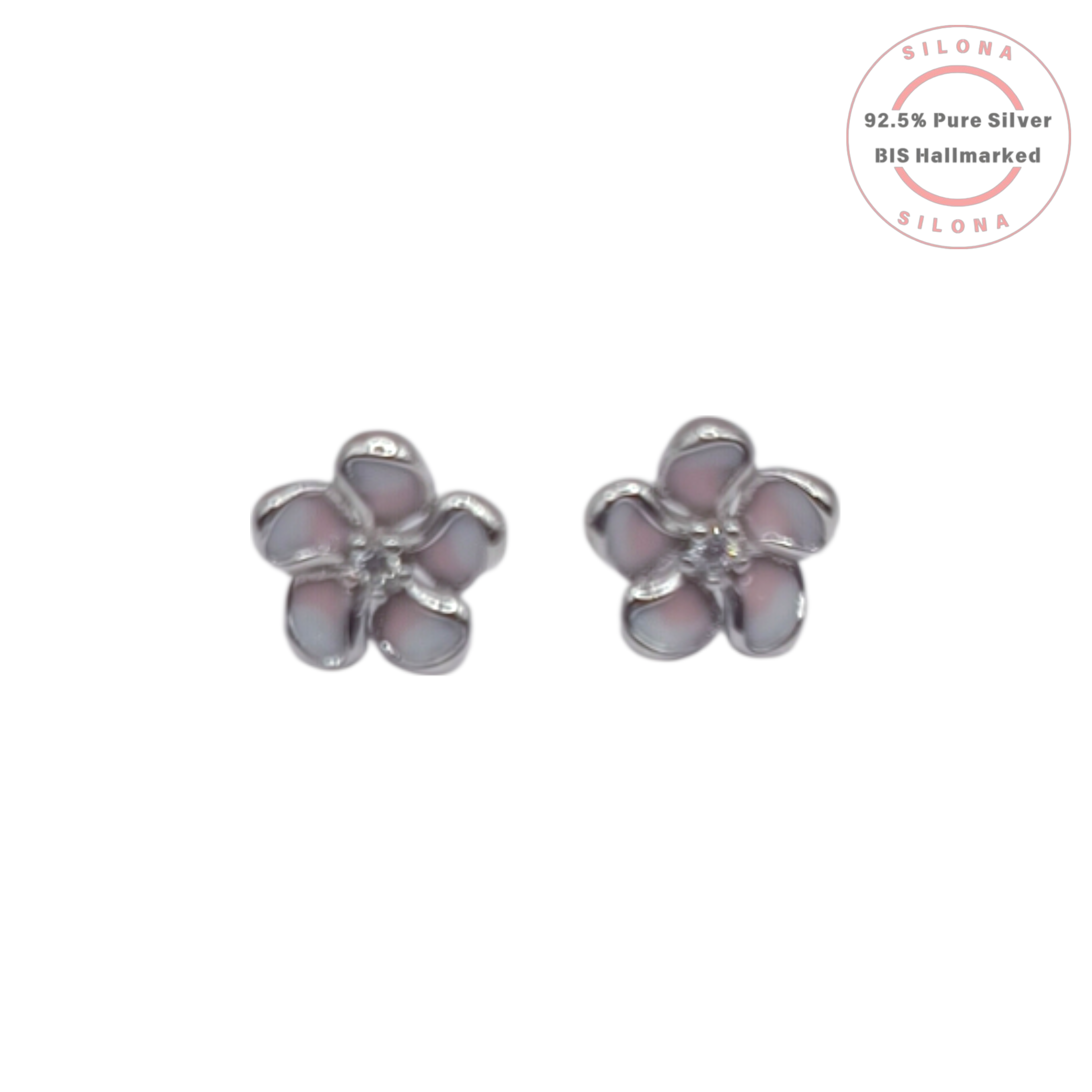 A pair of Silona's silver Plumeria flower stud earrings with soft pink and white enamel petals and a central cubic zirconia, on a white background.