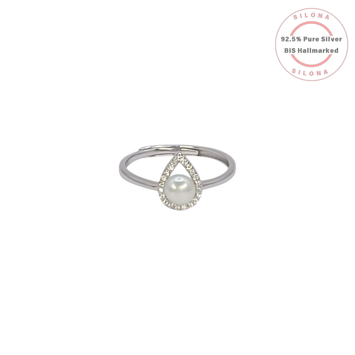 An elegant adjustable teardrop ring in 92.5 silver, featuring a central pearl surrounded by a halo of sparkling cubic zirconia, on a white background.