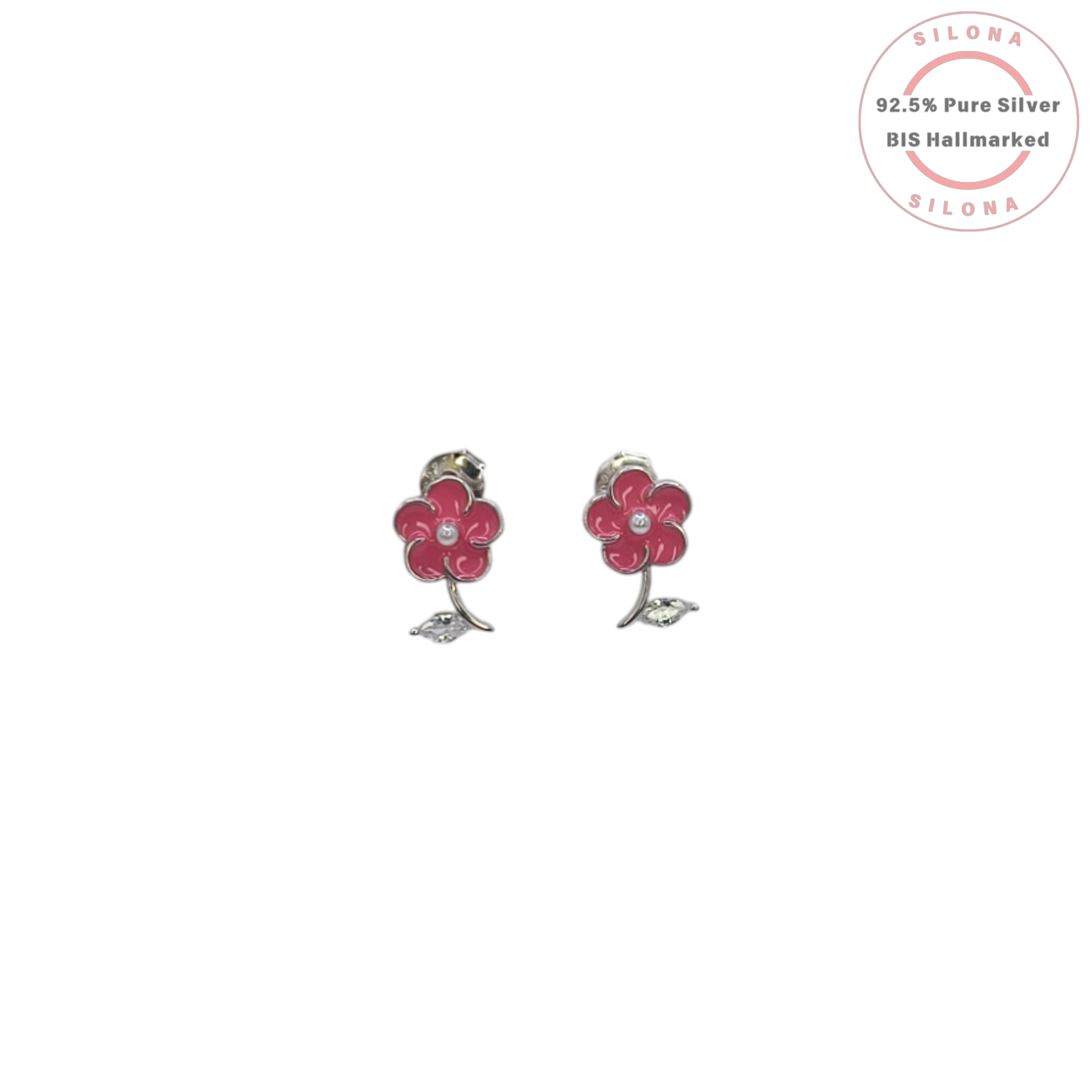 A pair of Silona silver stud earrings shaped like flowers with bright pink enamel petals, a central cubic zirconia, and a sparkling stone leaf.