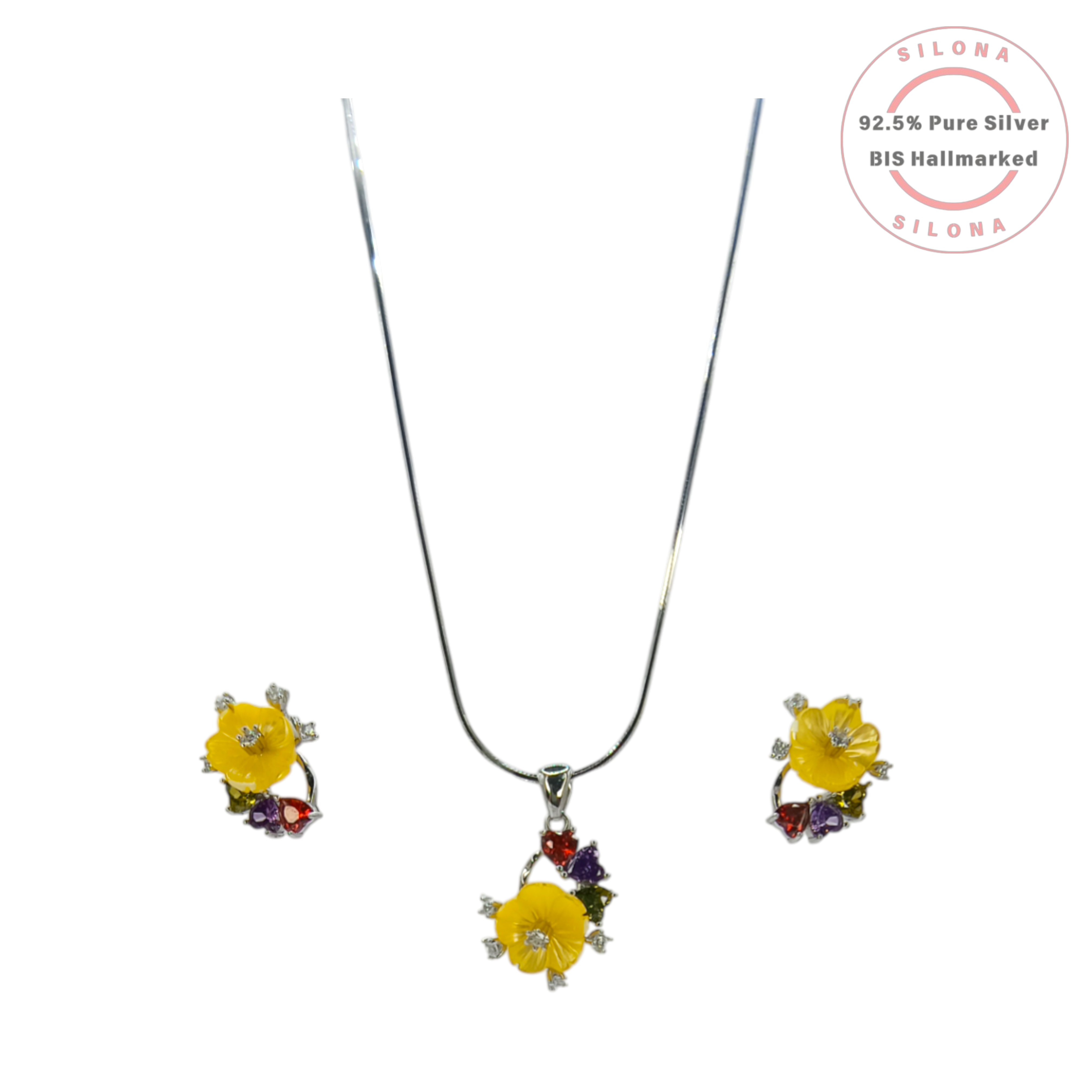 Silona's Vibrant Buttercup Flower Necklace and Earring Set in 92.5 silver, featuring a yellow flower pendant with multi-color CZ stones and matching stud earrings, on a white background.